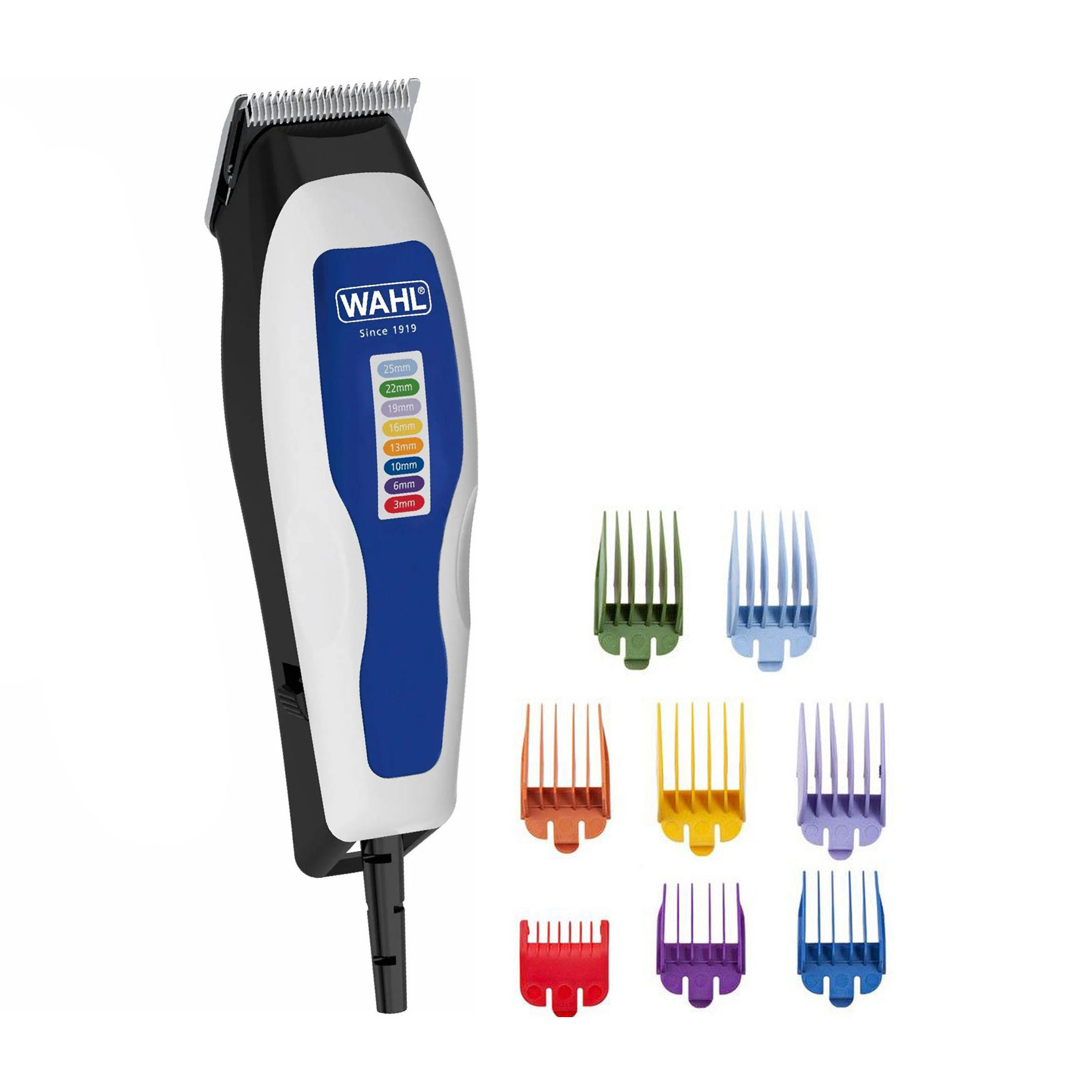 

Машинка для стрижки WAHL ColorPro Combo 8 насадок, з кейсом та тримером, біло-синя (1395-0465)
