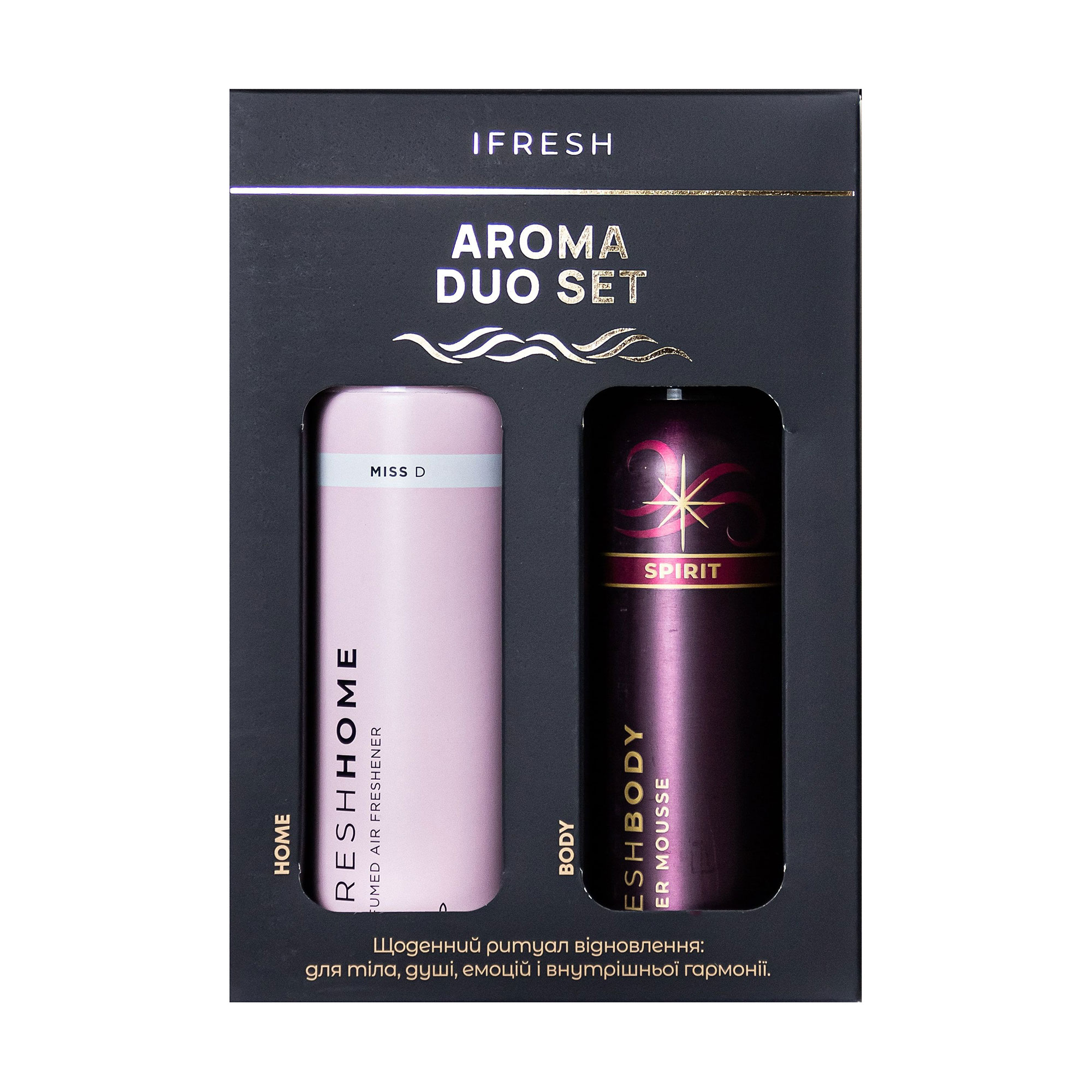 

Подарунковий набір iFresh Aroma Duo Set (парфумований аерозоль для дому Miss D, 250 мл + мус для душу Spirit, 200 мл)