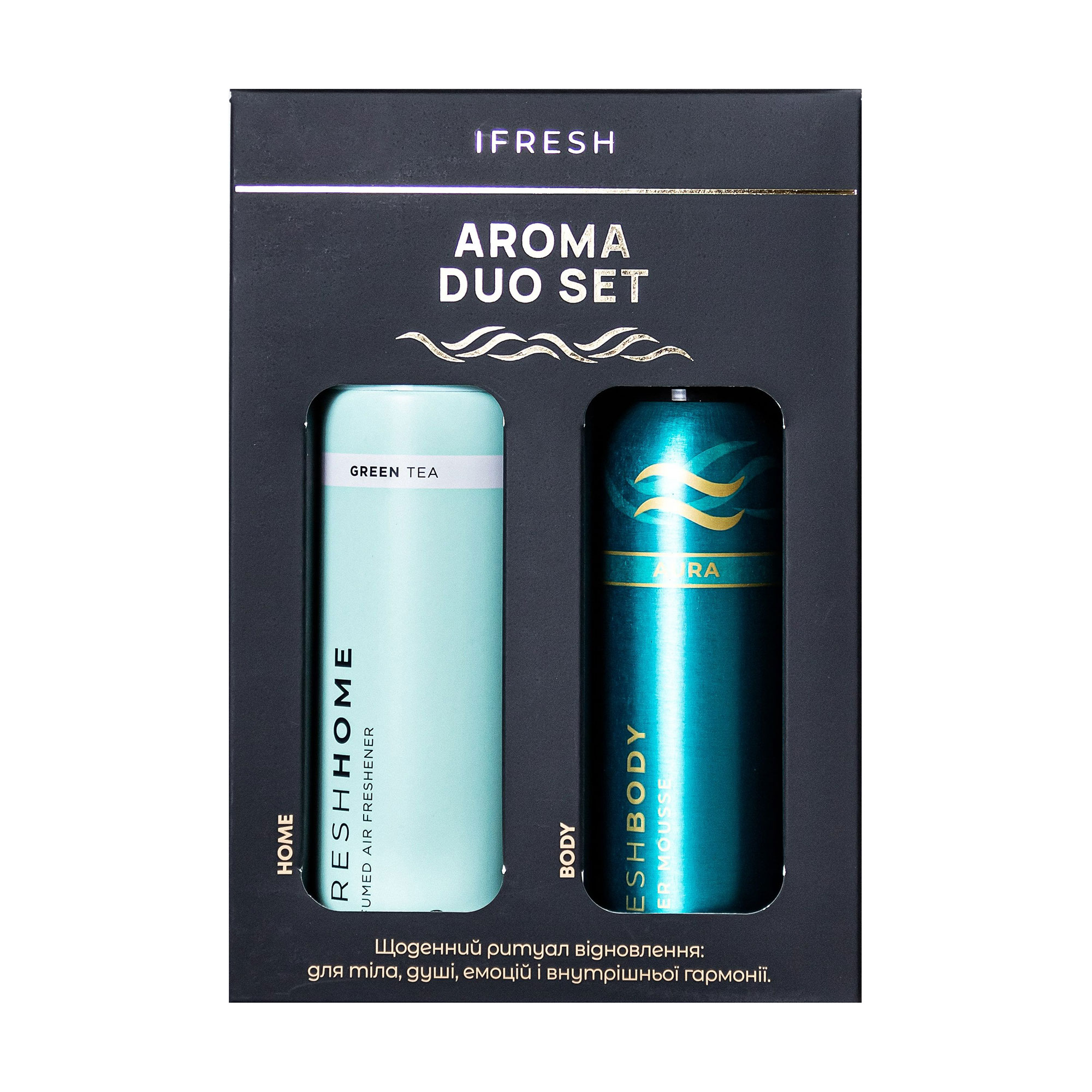 

Подарунковий набір iFresh Aroma Duo Set (парфумований аерозоль для дому Green Tea, 250 мл + мус для душу Aura, 200 мл)