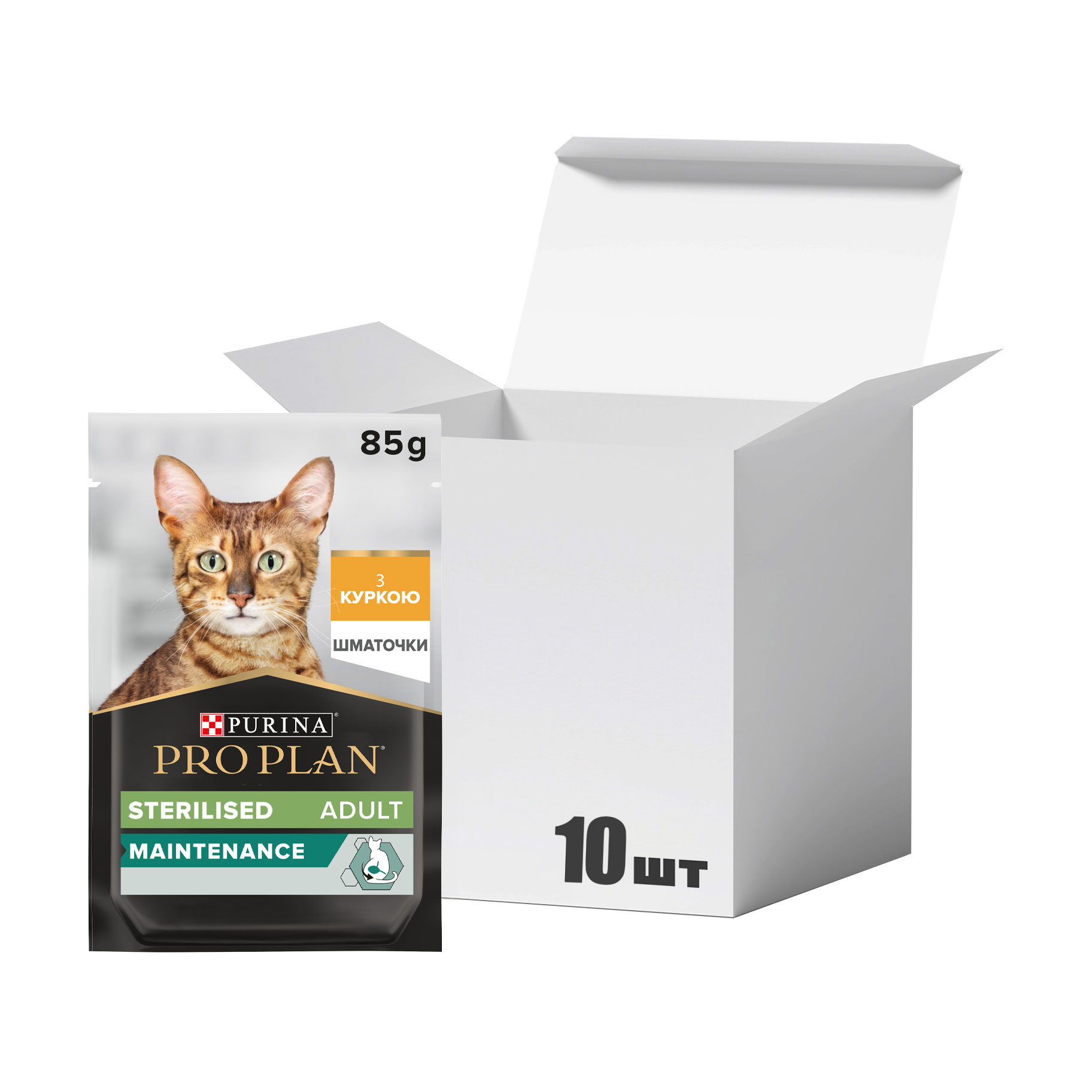 

Упаковка вологого корму для дорослих стерилізованих котів Pro Plan Sterilised з куркою, шматочки у підливці, 85 г * 10 шт