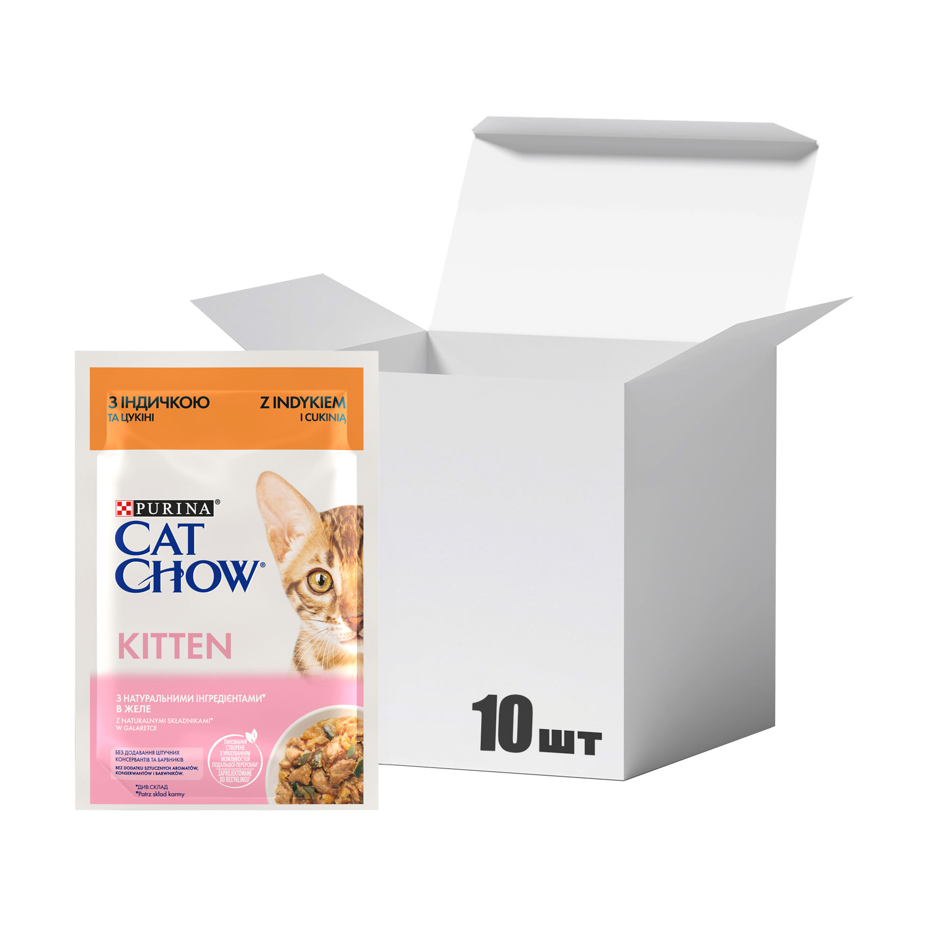 

Упаковка вологого корму для кошенят Cat Chow Kitten з індичкою та цукіні, шматочки в желе, 85 г * 10 шт