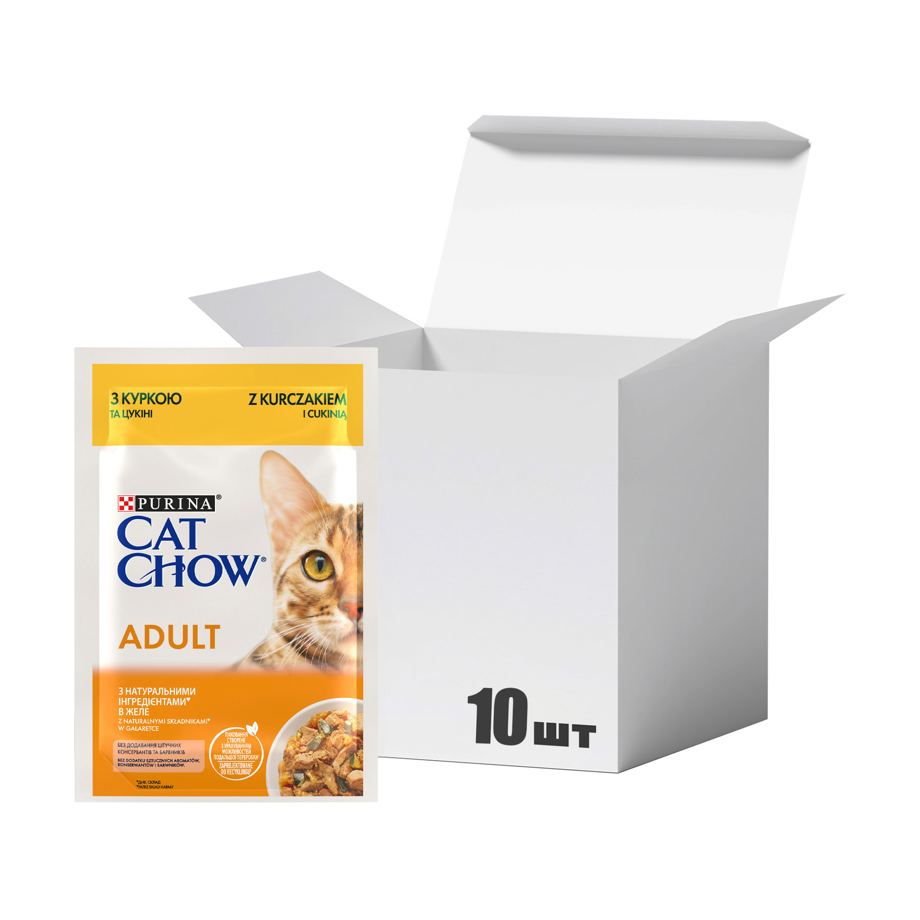 

Упаковка вологого корму для дорослих котів Cat Chow Adult з куркою та цукіні, шматочки в желе, 85 г * 10 шт
