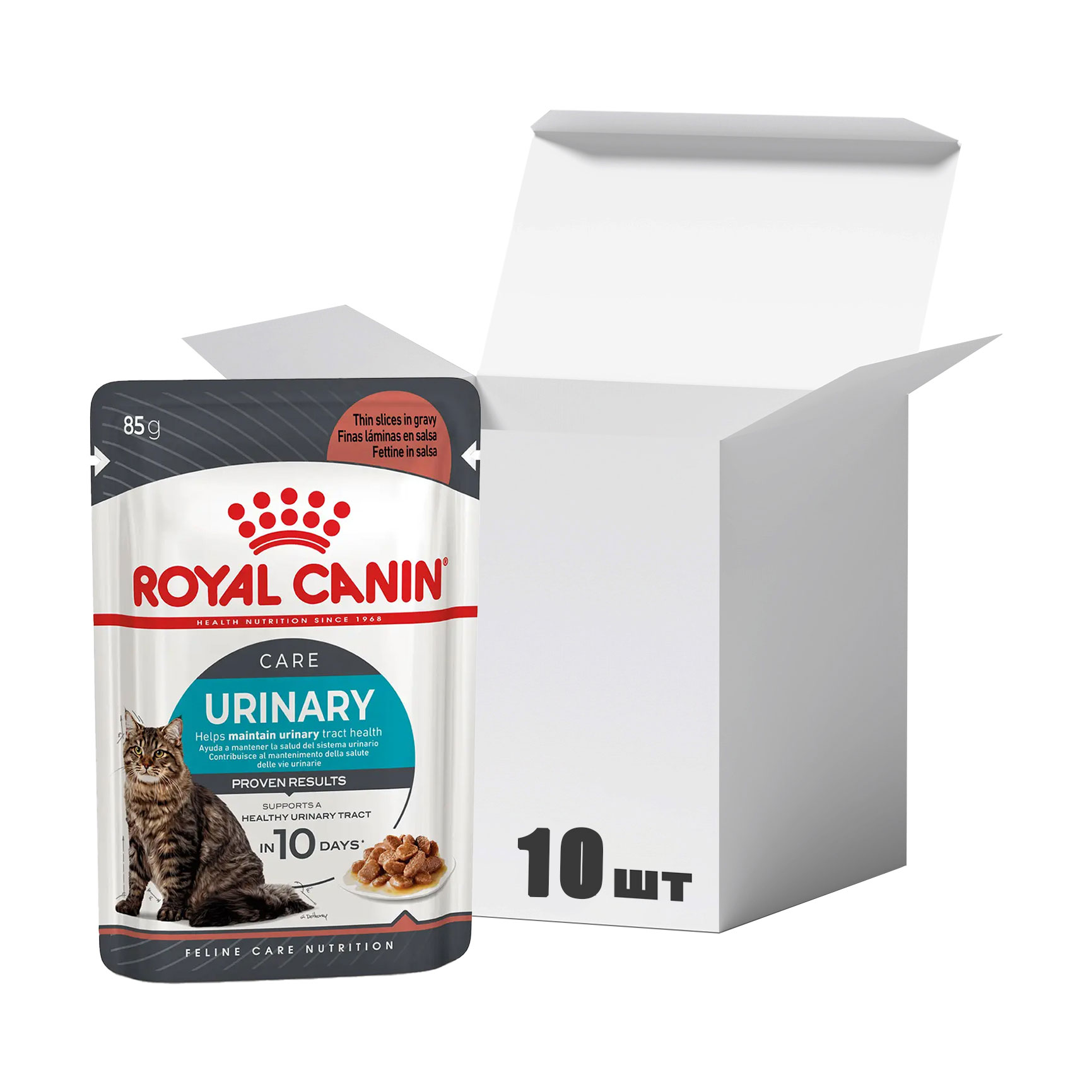 

Упаковка вологого корму для дорослих котів Royal Canin Urinary Care шматочки в соусі, для підтримки здоров'я сечовивідних шляхів, 85 г * 10 шт (41570019)