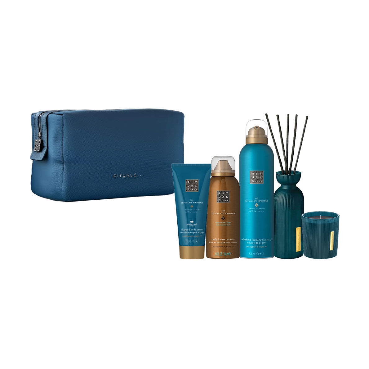 

Набір для тіла жіночий Rituals The Ritual of Hammam Large Gift Set (гель для душу, 200 мл + крем, 100 мл + лосьйон-мус, 150 мл + свічка, 140 г + аромадифузор + косметичка)