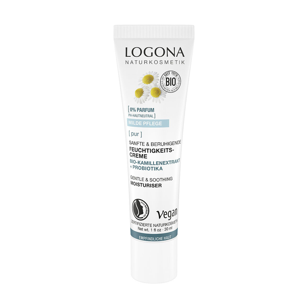 

Біо-крем для обличчя Logona Pur Gentle & Soothing Moisturiser для чутливої шкіри, з ромашкою та пробіотиками, 30 мл
