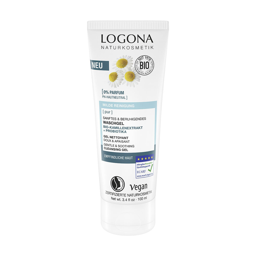 

Очищувальний біо-гель для вмивання Logona Pur Gentle & Soothing Cleansing Gel для чутливої шкіри, з ромашкою та пробіотиками, 100 мл