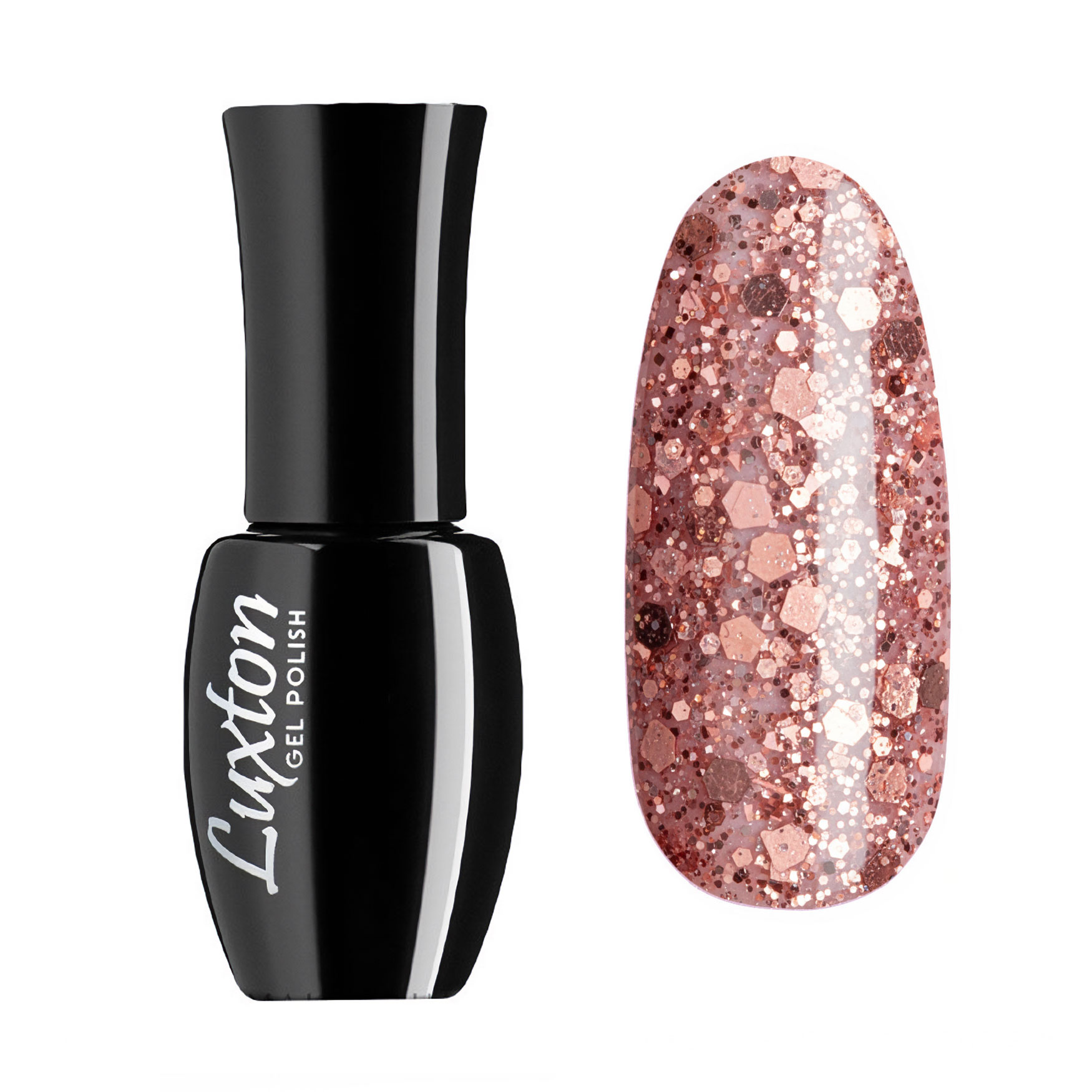 

Гель-лак для нігтів Luxton Gel Polish 168 Дрібні та великі блискітки на ніжній прозоро-рожевій основі, 10 мл