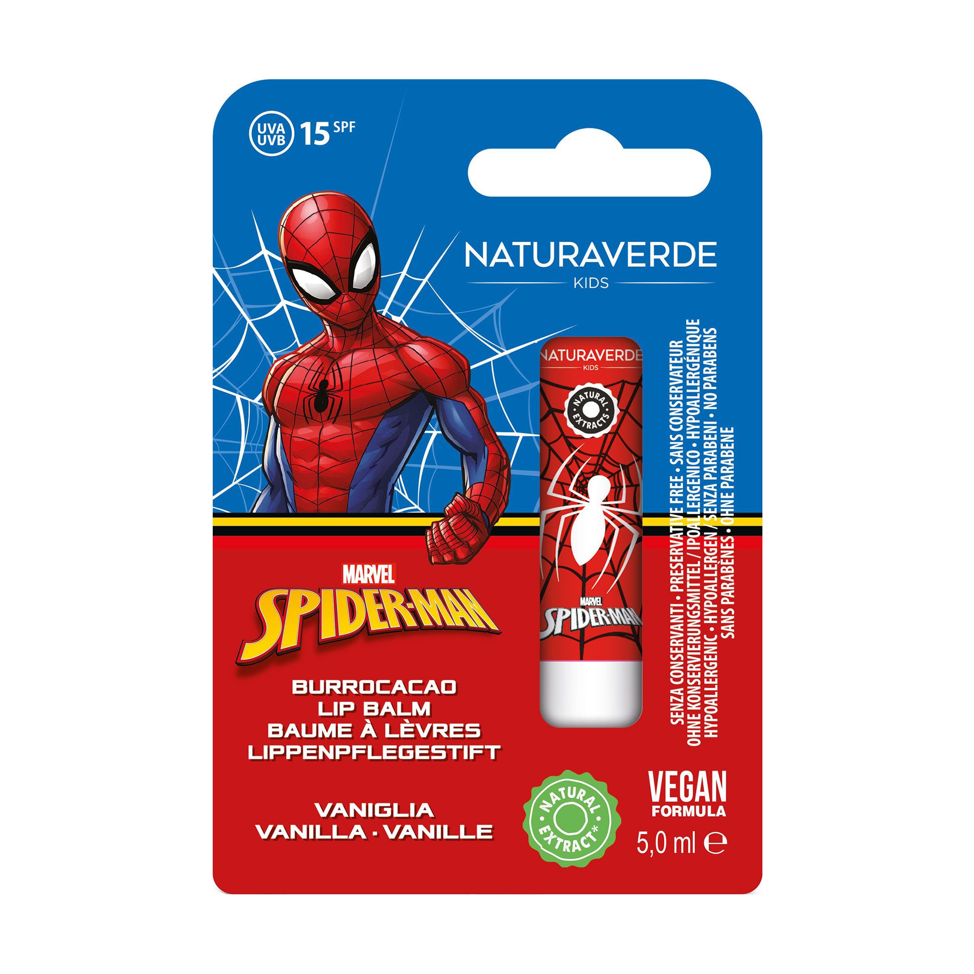 

Дитячий бальзам для губ Naturaverde Kids Marvel Spiderman Lip Balm, SPF 15, Vanilla, 5 мл