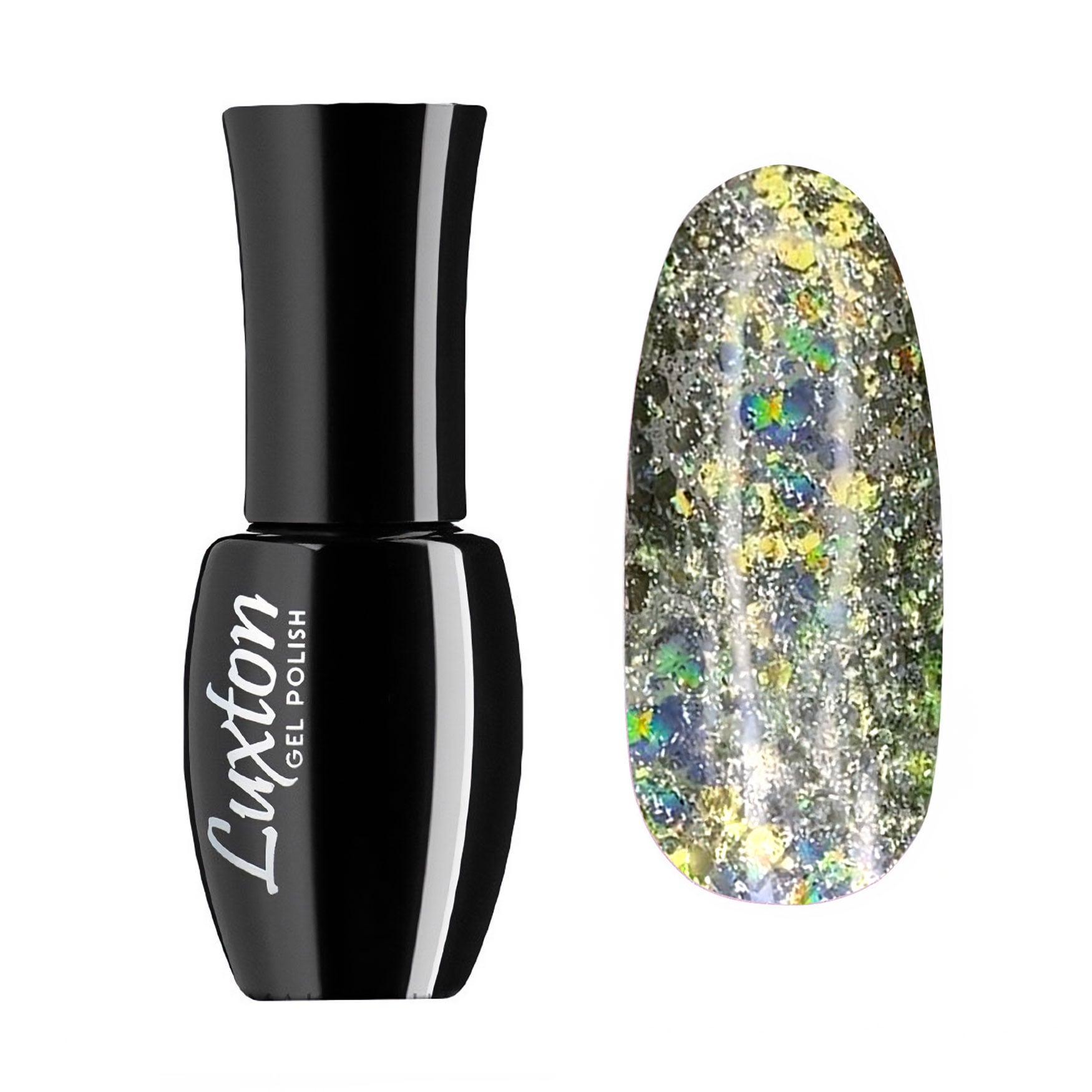 

Гель-лак для нігтів Luxton Galaxy 6 Прозорий з жовтими голографічними блискітками, глітерний, 10 мл