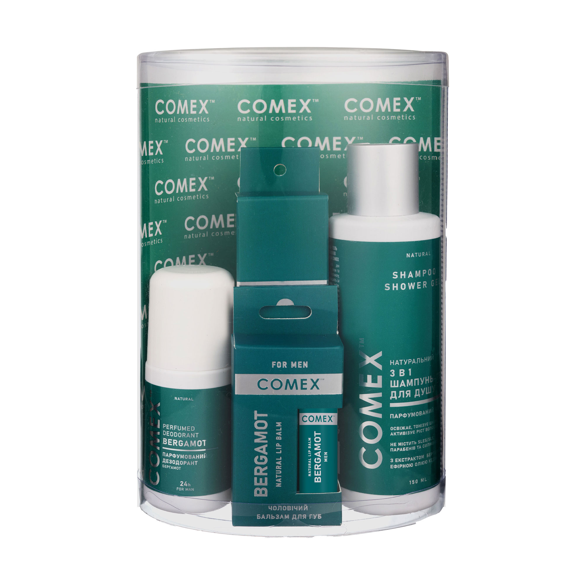 

Чоловічий набір Comex Bergamot (шампунь-гель для душу 3 в 1, 150 мл + дезодорант, 50 мл + парфумована вода, 8 мл + бальзам для губ, 5 г)