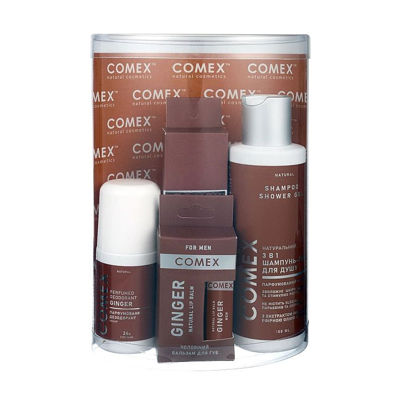 

Чоловічий набір Comex Ginger (шампунь-гель для душу 3 в 1, 150 мл + дезодорант, 50 мл + парфумована вода, 8 мл + бальзам для губ, 5 г)