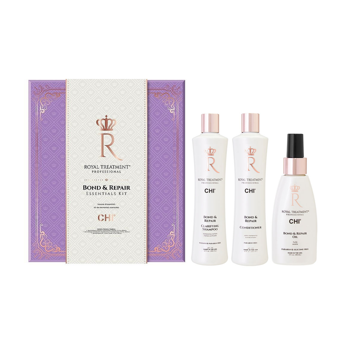 

Набір для всіх типів волосся CHI Royal Treatment Bond & Repair Essentials Kit (шампунь, 355 мл + кондиціонер, 355 мл + олія, 118 мл)