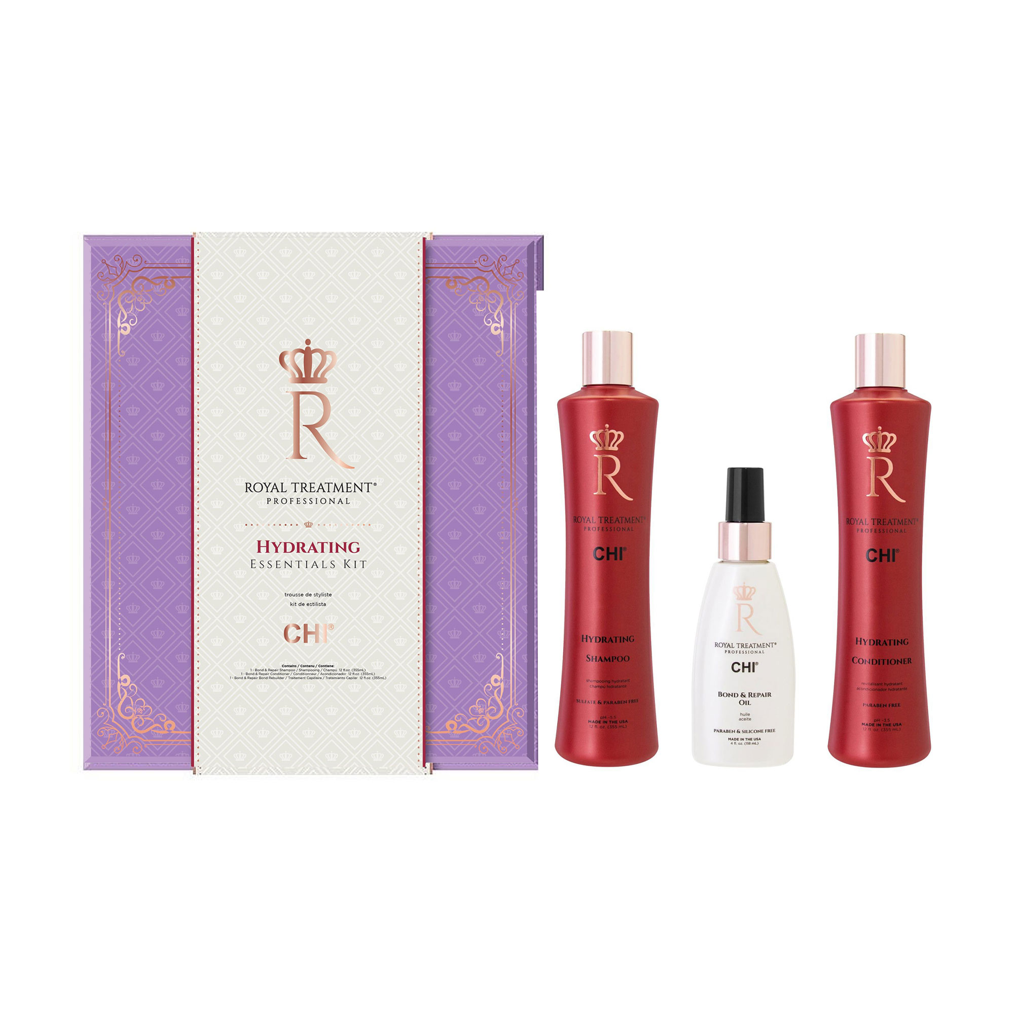 

Набір для волосся CHI Royal Treatment Hydrating Essentials Kit (шампунь, 355 мл + кондиціонер, 355 мл + олія, 118 мл)