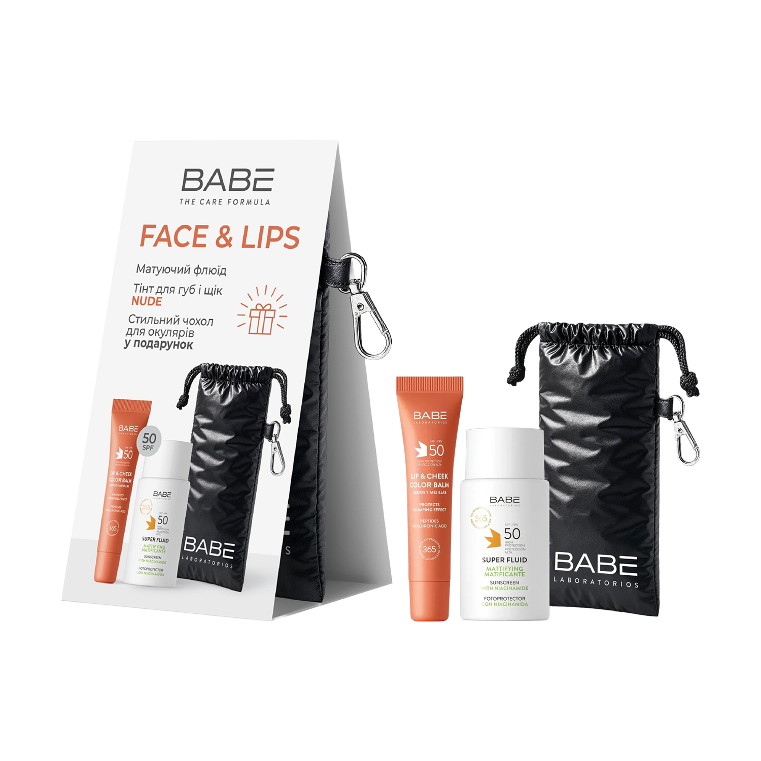 

Набір для обличчя BABE Laboratorios Face and Lips Nude (флюїд, 50 мл + тінт для губ, 20 мл + чохол)