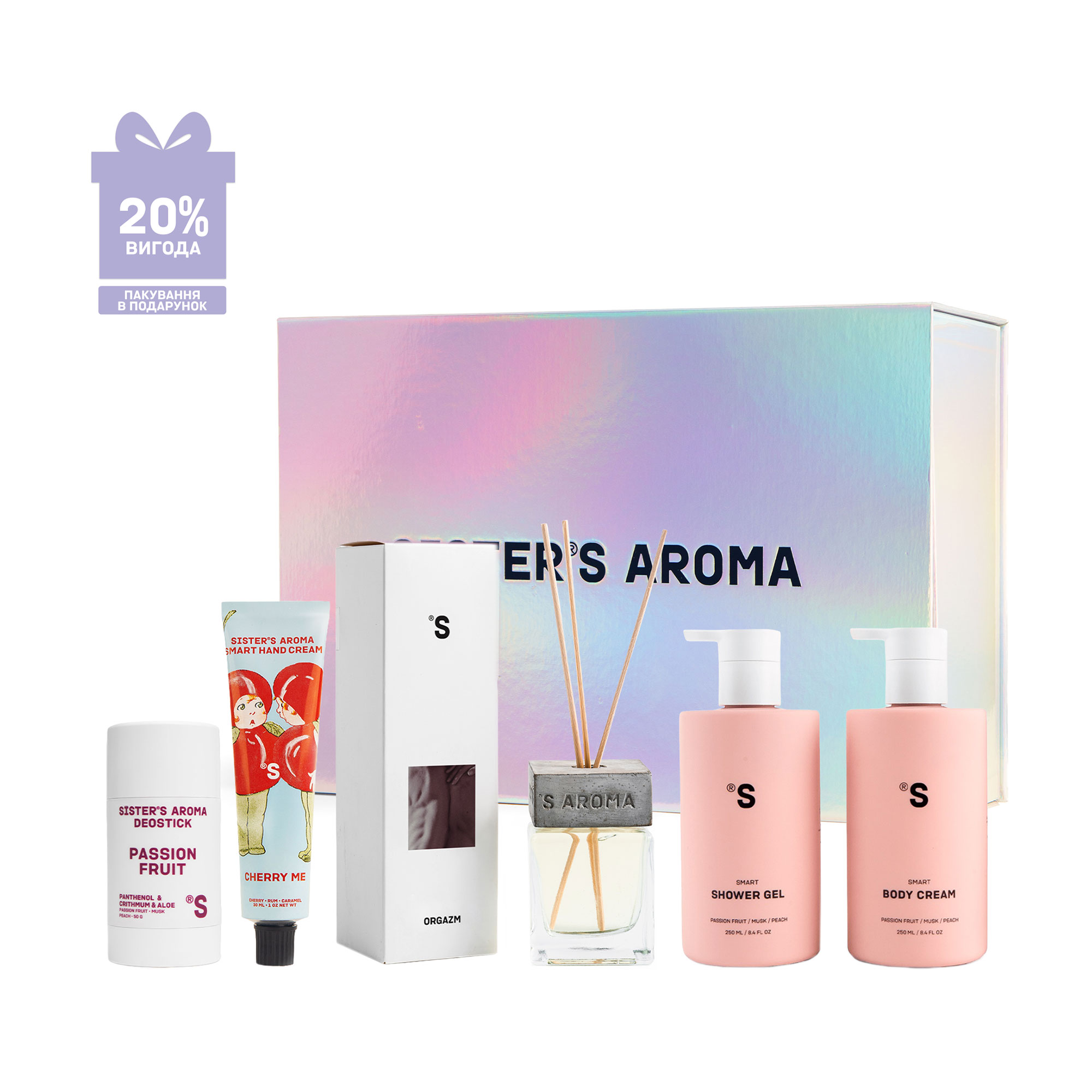 

Подарунковий набір Sister's Aroma Для неї (лосьйон для тіла, 250 мл + гель для душу, 250 мл + дезодорант-стік, 50 г + крем для рук, 30 мл + аромат для дому, 110 мл + коробка)