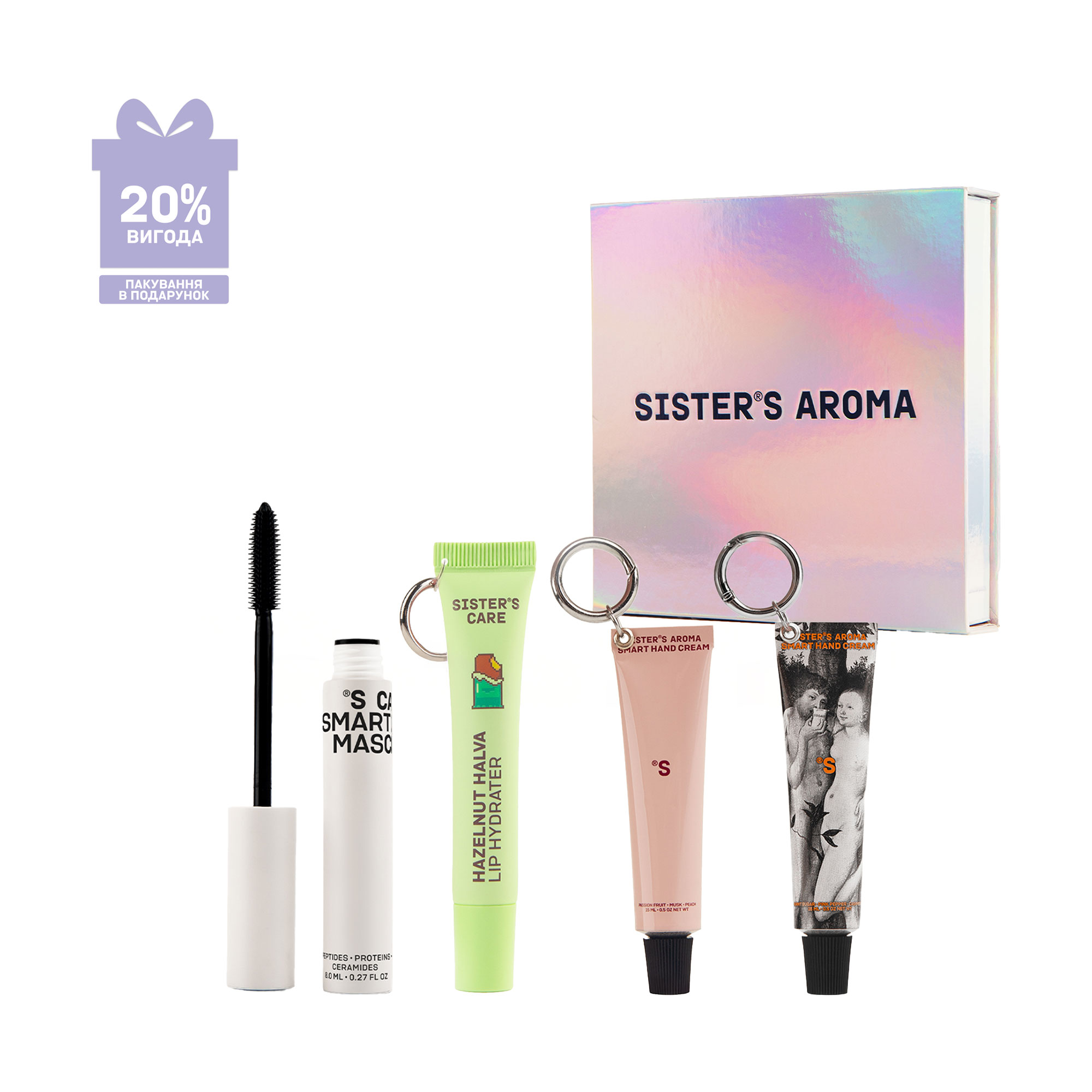 

Подарунковий набір для сумочки Sister's Aroma (блиск, 10 мл + термотуш, 8.5 г + крем-брелок, 15 мл + крем-брелок, 15 мл + коробка)