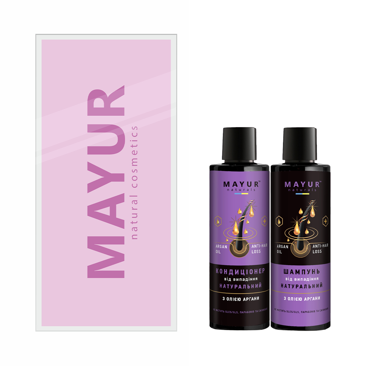 

Подарунковий набір Mayur Argan проти випадіння волосся (шампунь, 200 мл + кондиціонер, 200 мл)