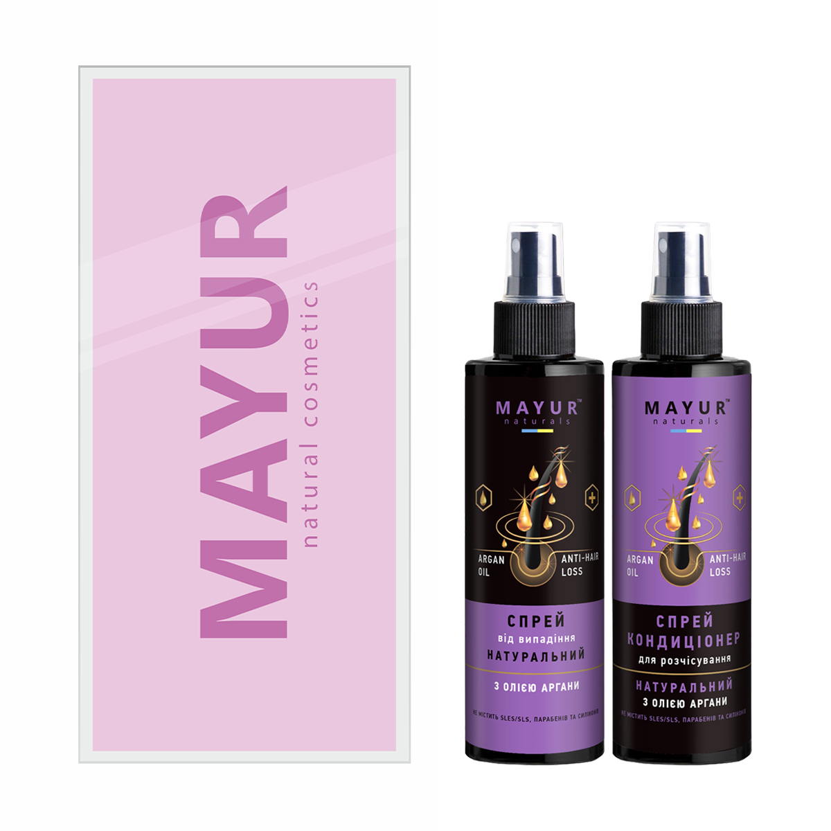 

Подарунковий набір для волосся Mayur Argan (спрей від випадіння, 200 мл + спрей-кондиціонер для розчісування, 200 мл)