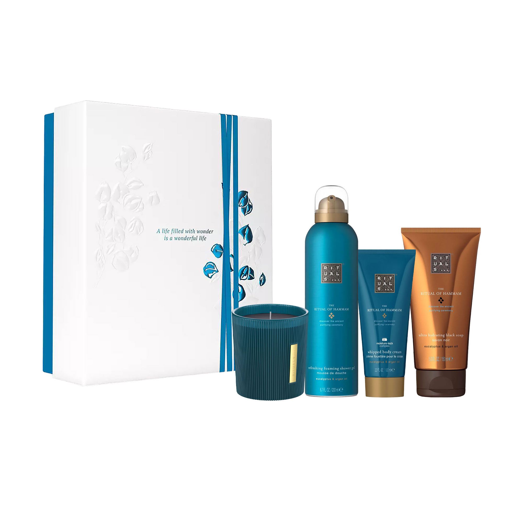 

Набір для тіла жіночий Rituals The Ritual of Hammam Medium Gift Set (гель для душу, 200 мл + крем, 100 мл + чорне мило, 150 мл + свічка, 140 г)
