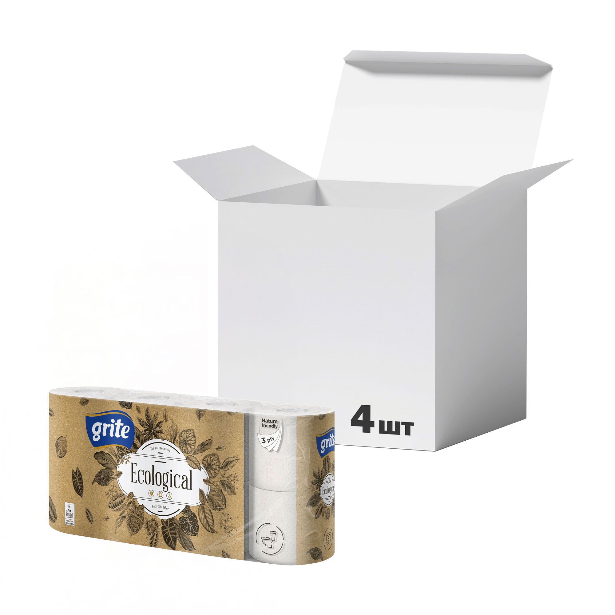 

Упаковка туалетного паперу Grite Ecological, 3-шаровий, 135 відривів, 8 рулонів * 4 шт