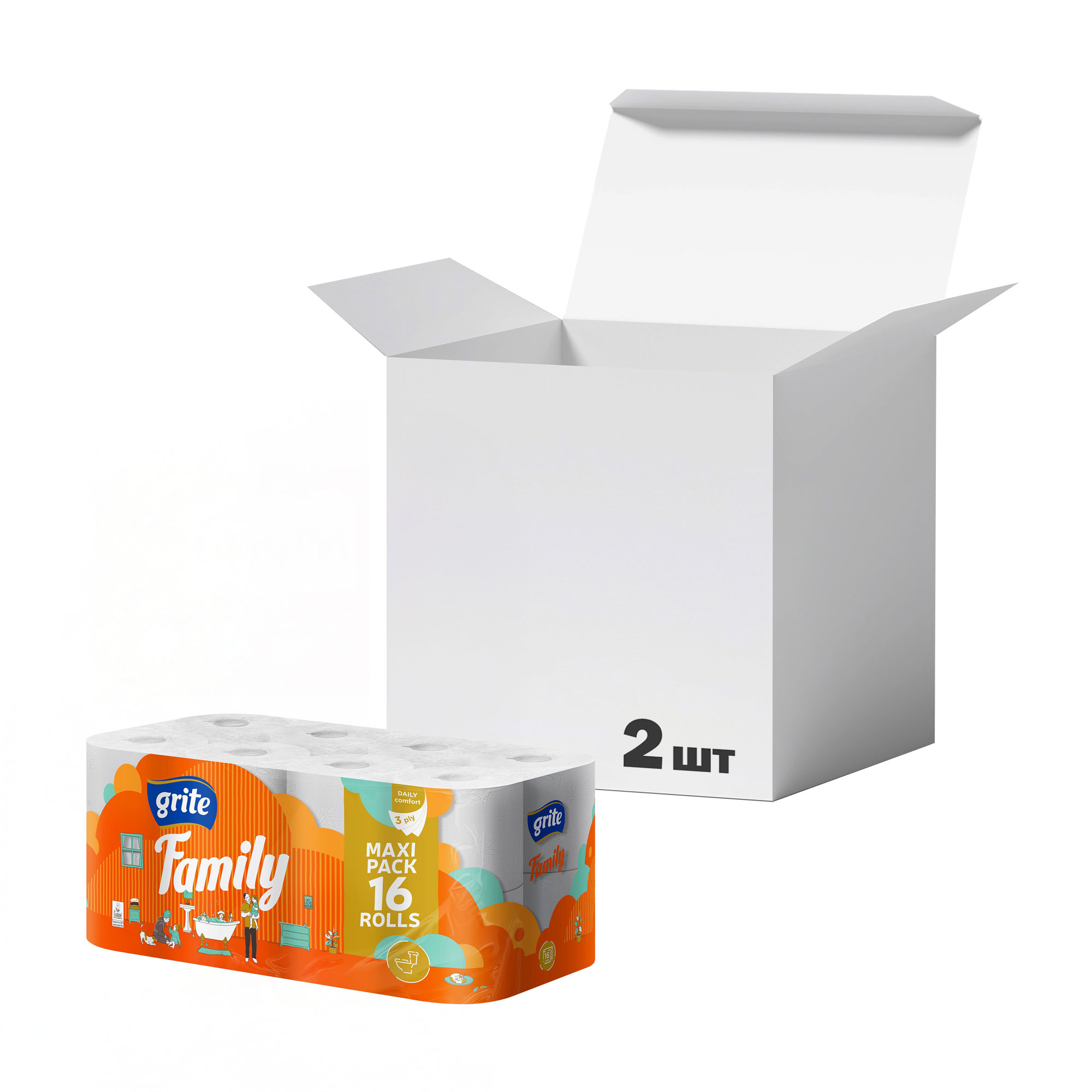

Упаковка туалетного паперу Grite Family Decor білий, 3-шаровий, 145 відривів, 16 рулонів * 2 шт