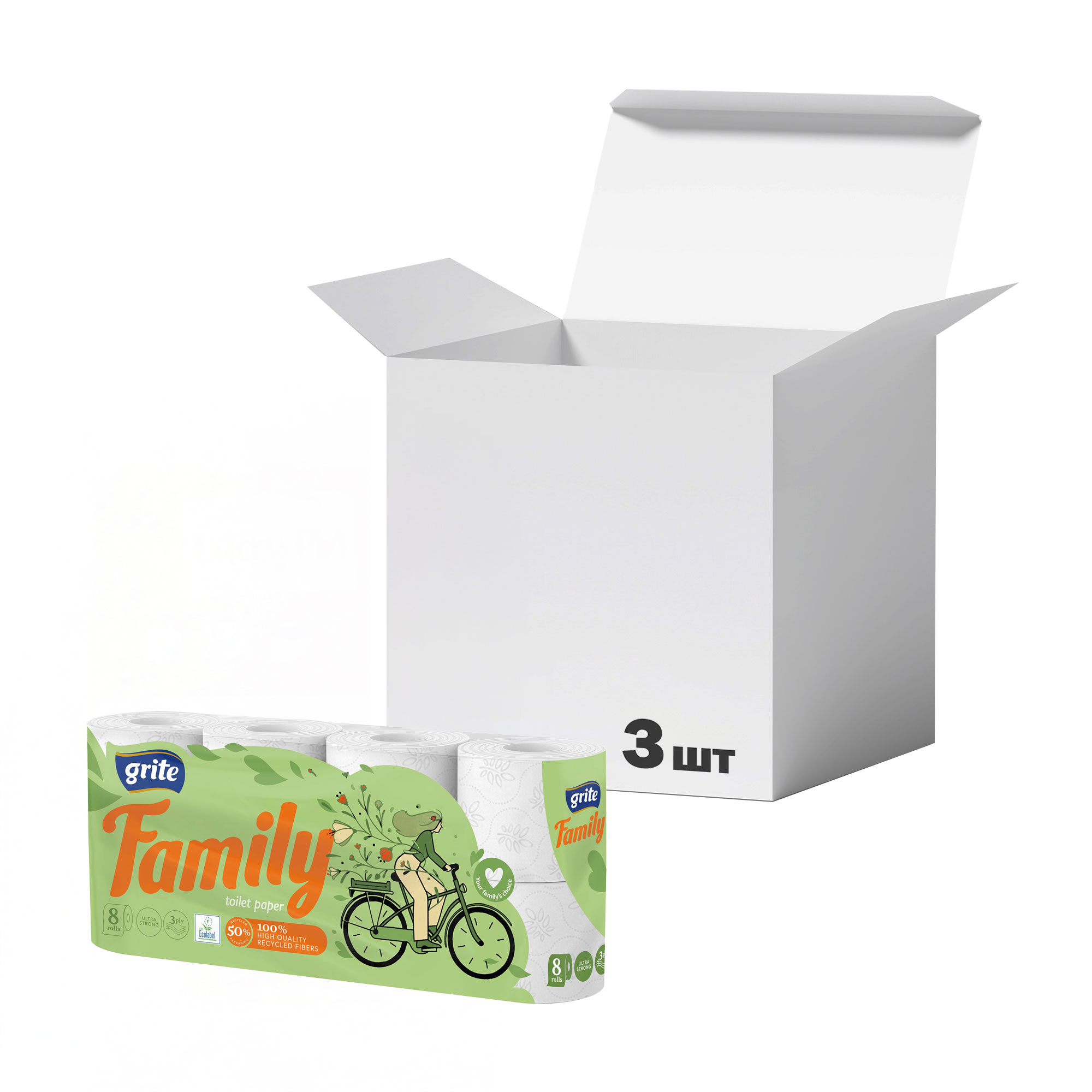 

Упаковка туалетного паперу Grite Family білий, 3-шаровий, 150 відривів, 8 рулонів * 3 шт