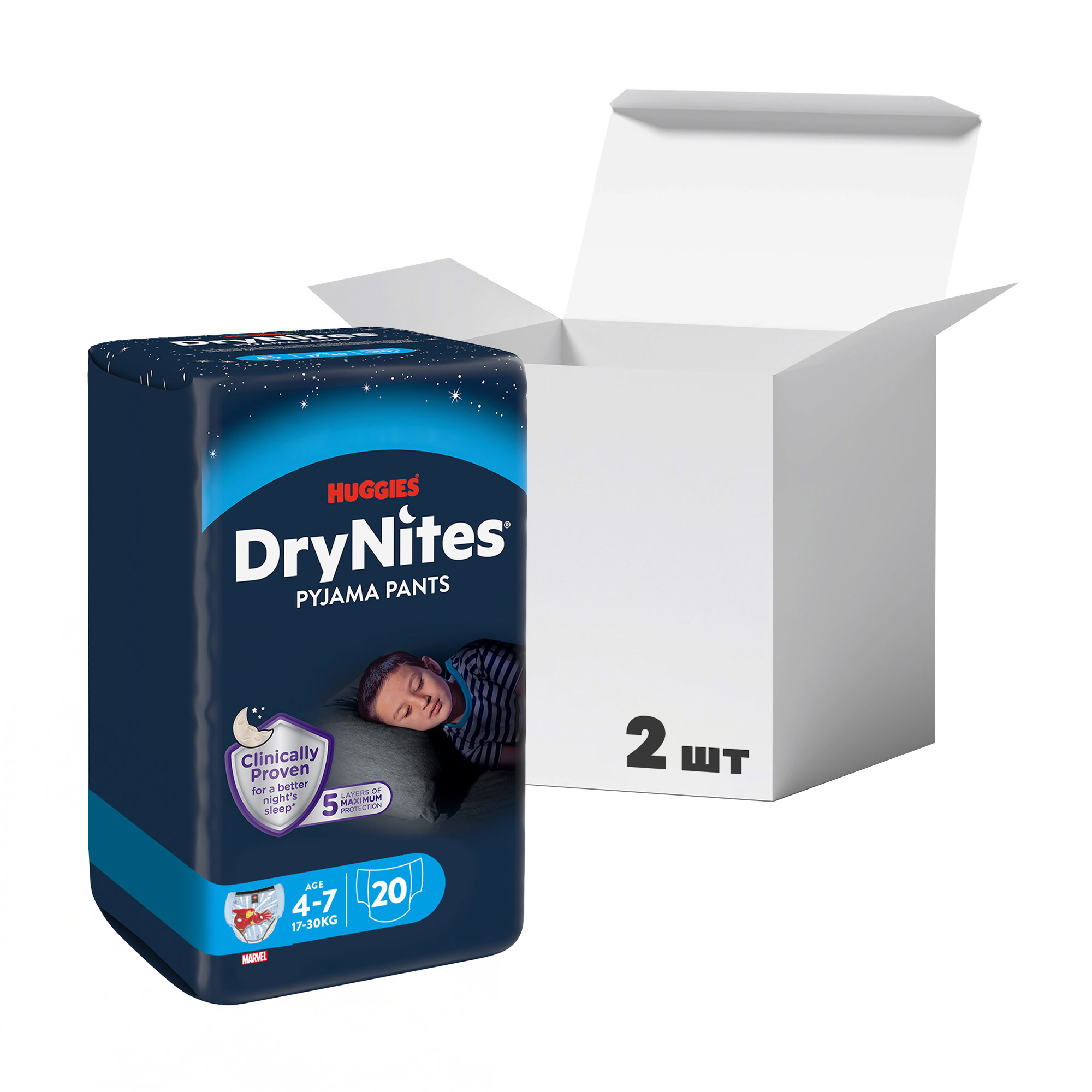 

Упаковка нічних підгузків-трусиків Huggies DryNites для хлопчиків, 4-7 років, (17-30 кг), 10 шт * 2 шт