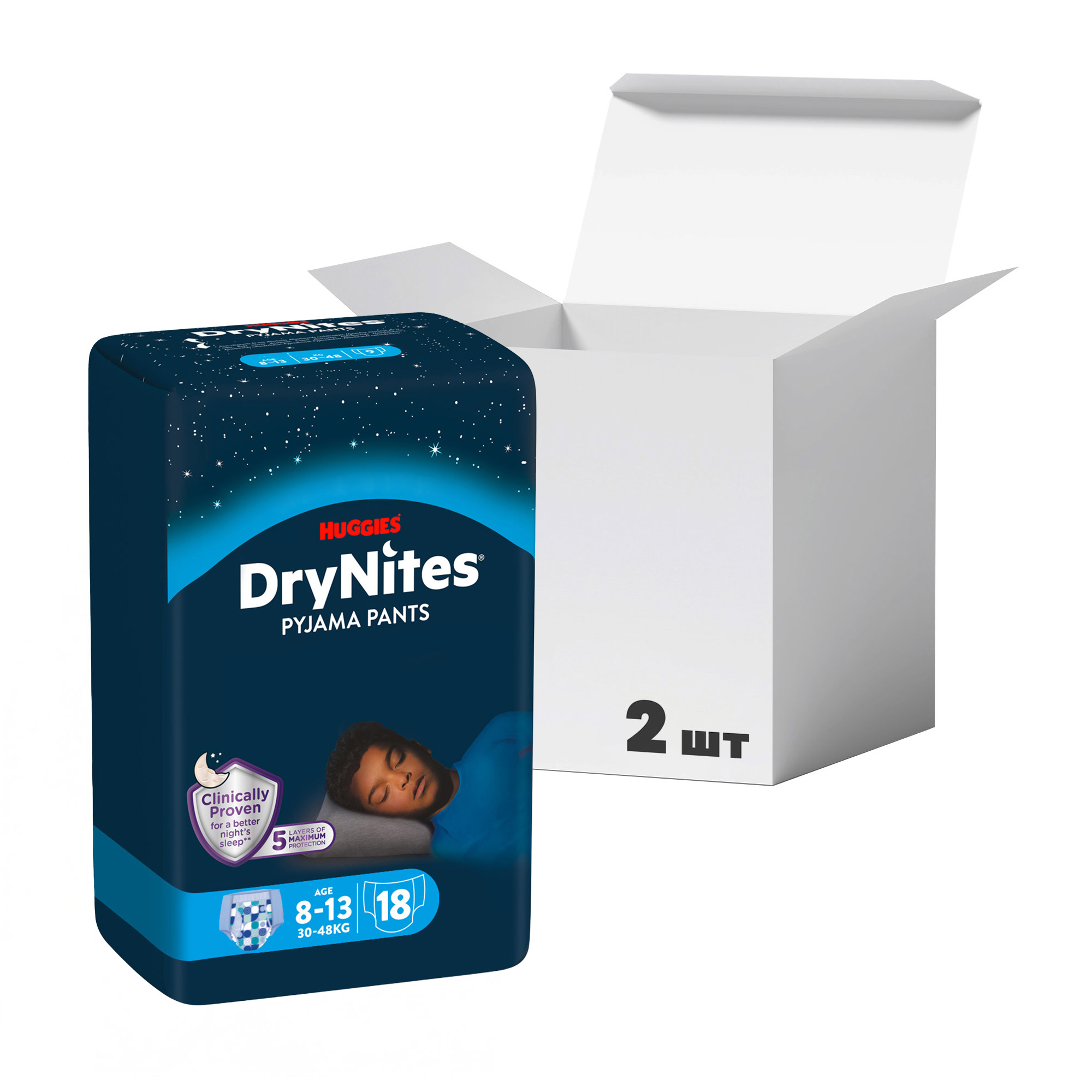 

Упаковка нічних підгузків-трусиків Huggies DryNites для хлопчиків, 8-13 років, (30-48 кг), 9 шт * 2 шт