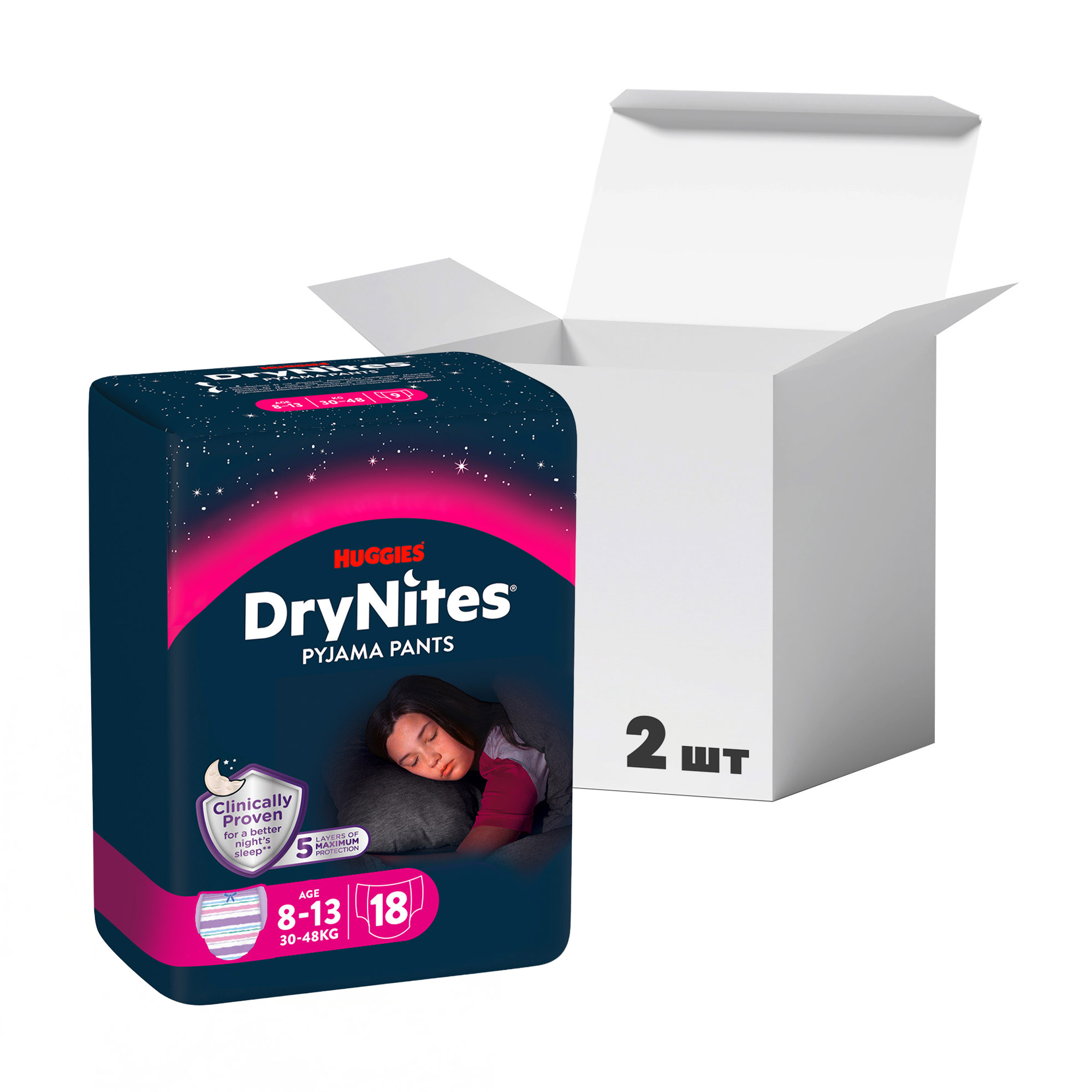 

Упаковка нічних підгузків-трусиків Huggies DryNites для дівчаток, 8-13 років, (30-48 кг), 9 шт * 2 шт