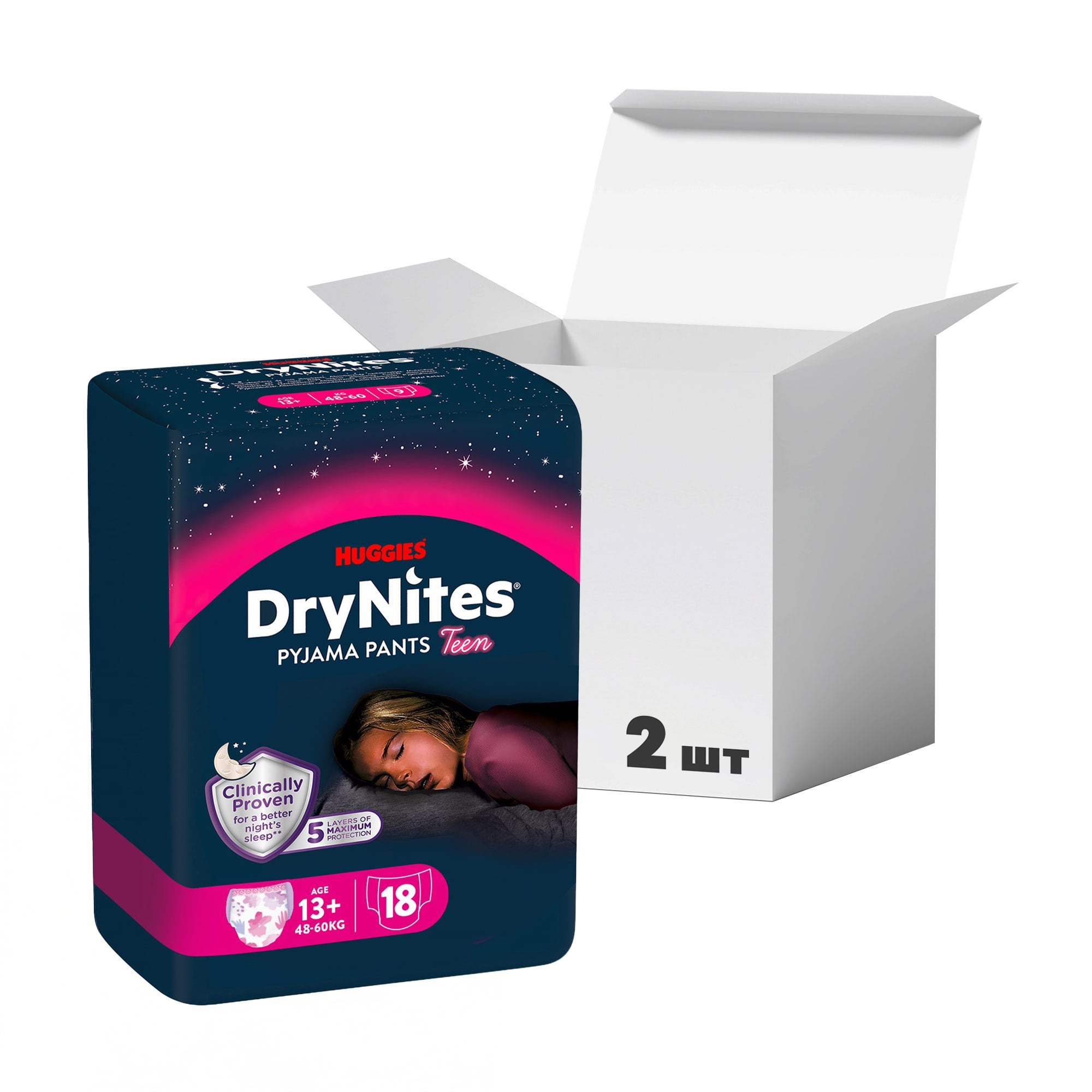 

Упаковка нічних підгузків-трусиків Huggies DryNites для дівчаток, 13+ років (48-60 кг), 9 шт * 2 шт