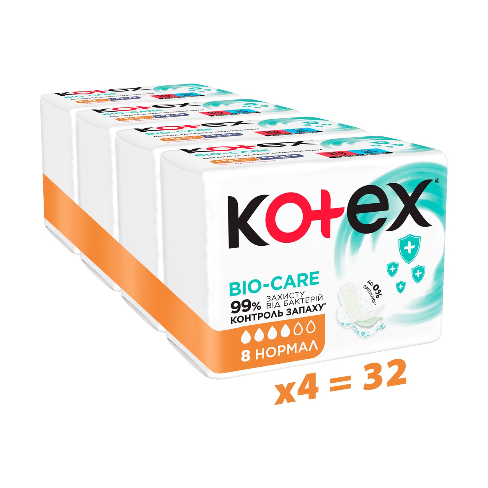 

Упаковка гігієнічних прокладок Kotex Bio-Care Нормал, розмір 4, 8 шт * 4 шт