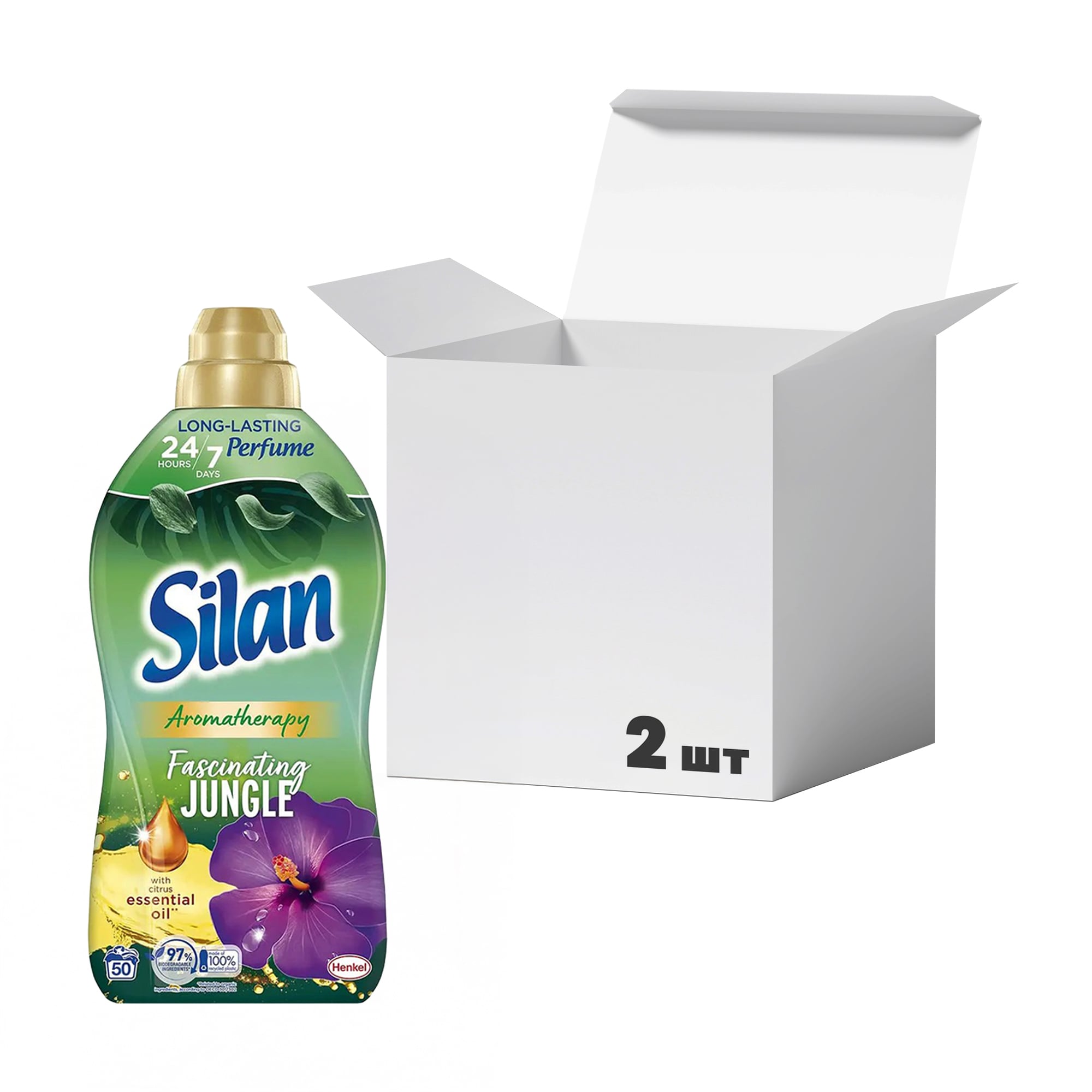 

Упаковка ополіскувачів-кондиціонерів для білизни Silan Aromatherapy Fascinating Jungle, 50 циклів прання, 1.1 л * 2 шт