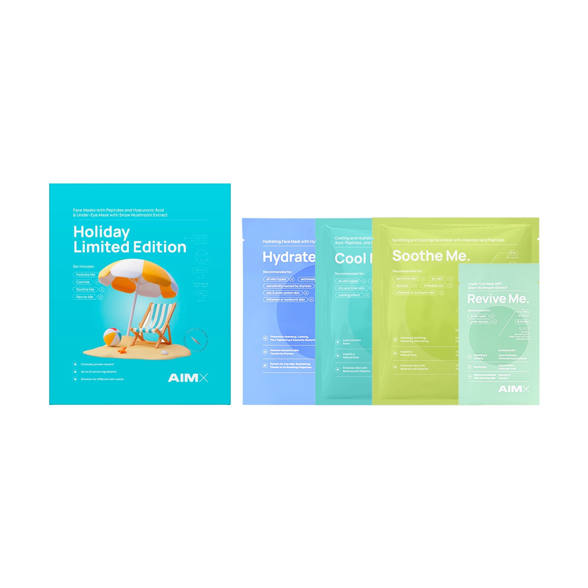 

Набір для обличчя AIMX Holiday Limited Edition (маска Hydrate Me, 25 мл + маска Soothe Me, 25 мл + маска Cool Me, 25 мл + патчі, 5 мл)