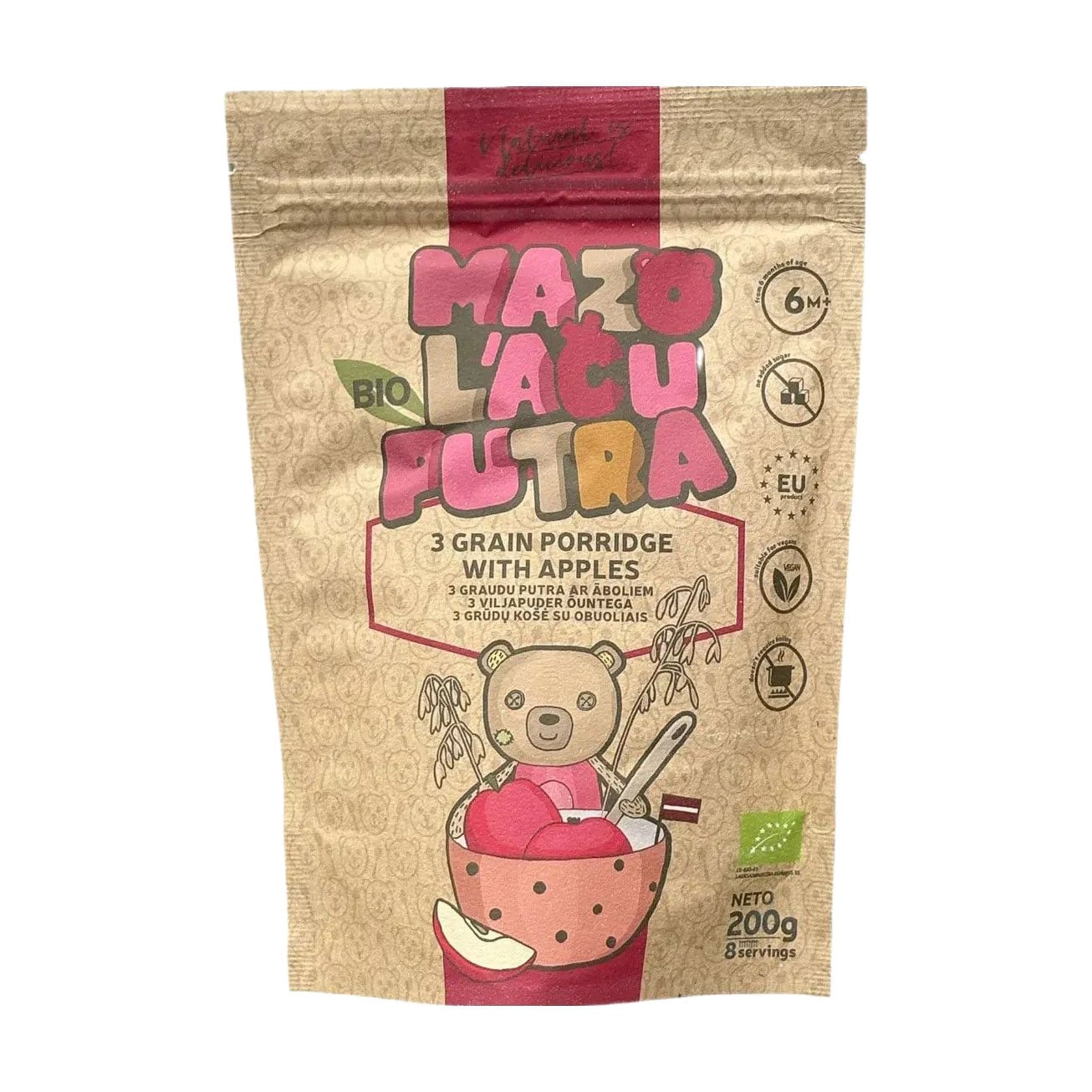 

Дитяча безмолочна каша Mazo Lacu Putra Вівсяно-гречано-пшоняна, з яблуком, від 6 місяців, 200 г