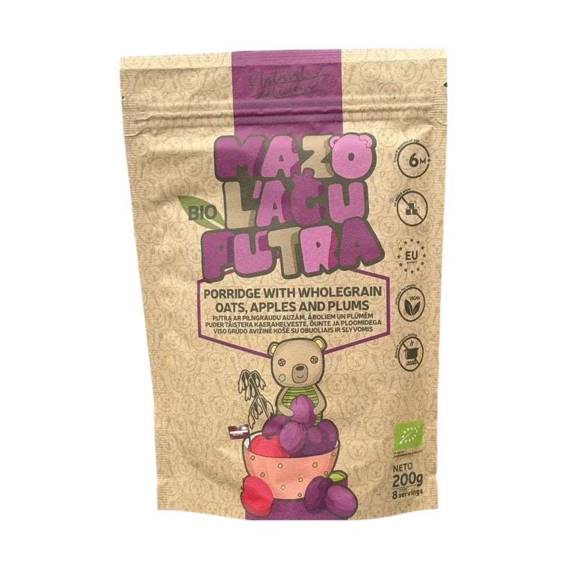 

Дитяча безмолочна каша Mazo Lacu Putra Вівсяно-рисова, з яблуком та сливою, від 6 місяців, 200 г