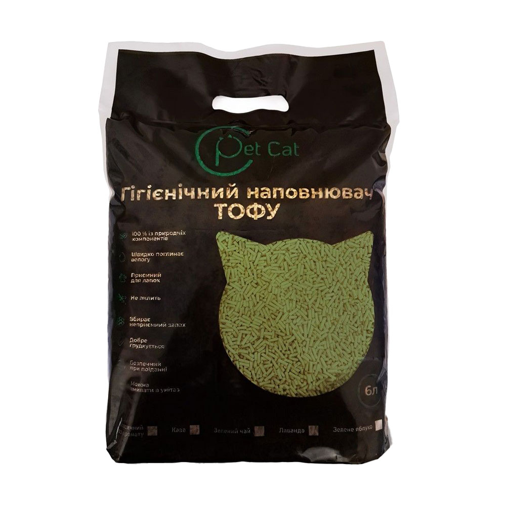 

Гігієнічний наповнювач для котячого туалету Pet Cat Тофу, з ароматом зеленого яблука, 6 л, 2.5 кг