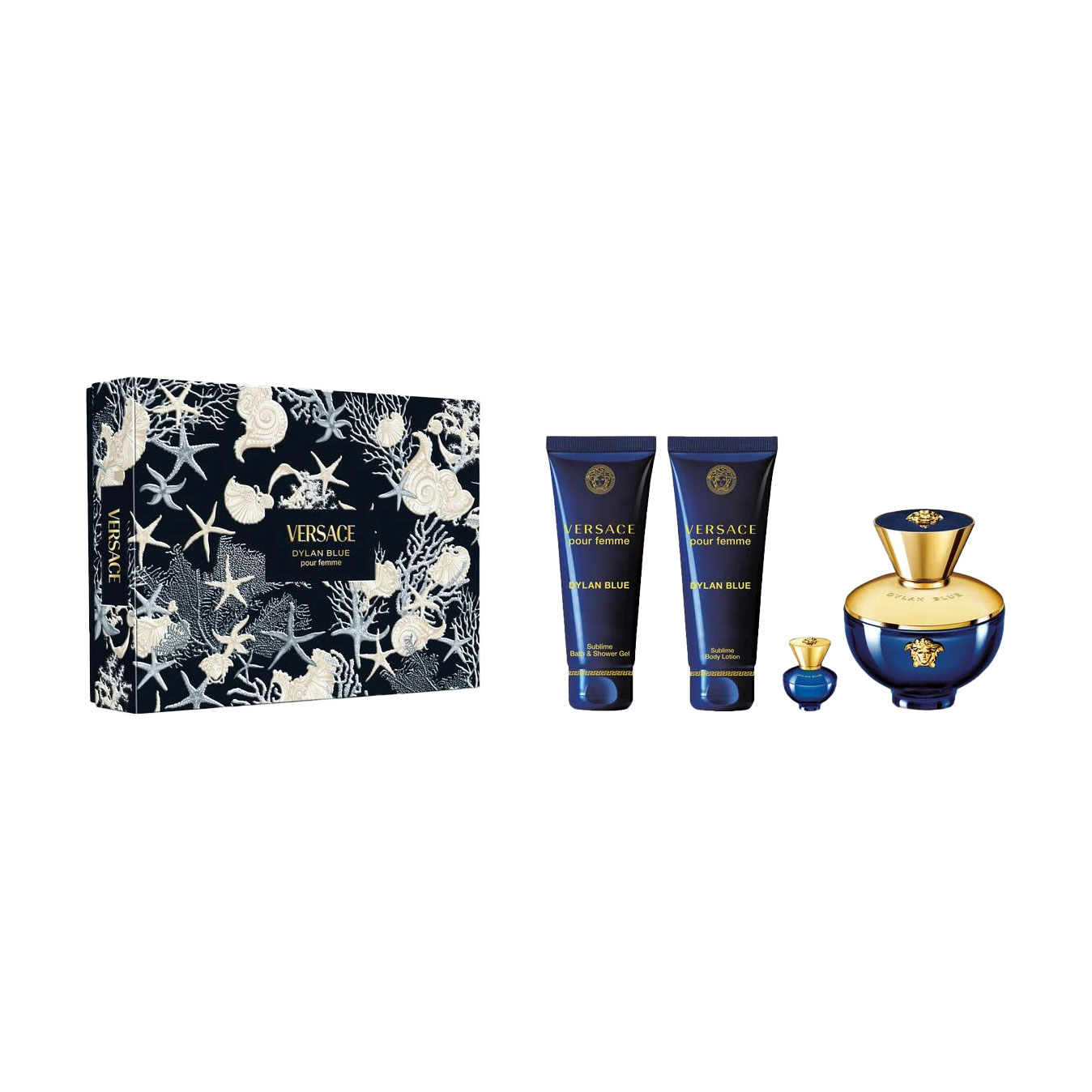 Парфумований набір жіночий Versace Pour Femme Dylan Blue Set (парфумована вода, 100 мл + парфумована вода, 5 мл + лосьйон, 100 мл + гель для душу, 100 мл)
