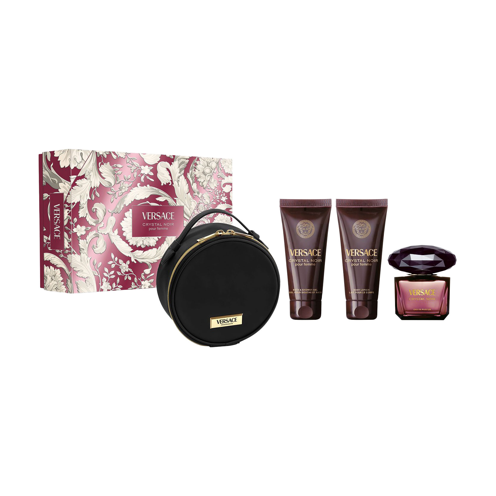 Парфумований набір жіночий Versace Crystal Noir Set (парфумована вода, 90 мл + гель для душу, 100 мл + лосьйон для тіла, 100 мл + косметичка)