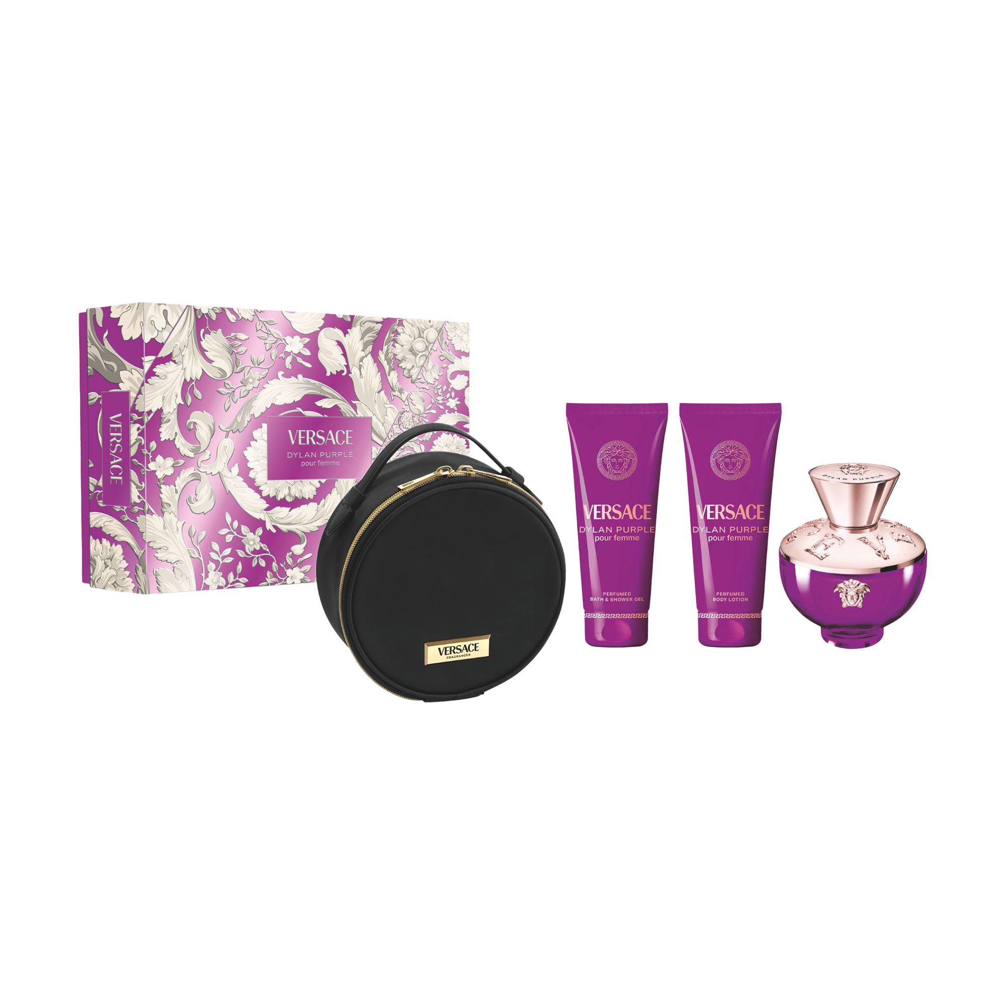 Парфумований набір жіночий Versace Dylan Purple Set (парфумована вода, 100 мл + гель для душу, 100 мл + лосьйон для тіла, 100 мл + косметичка)
