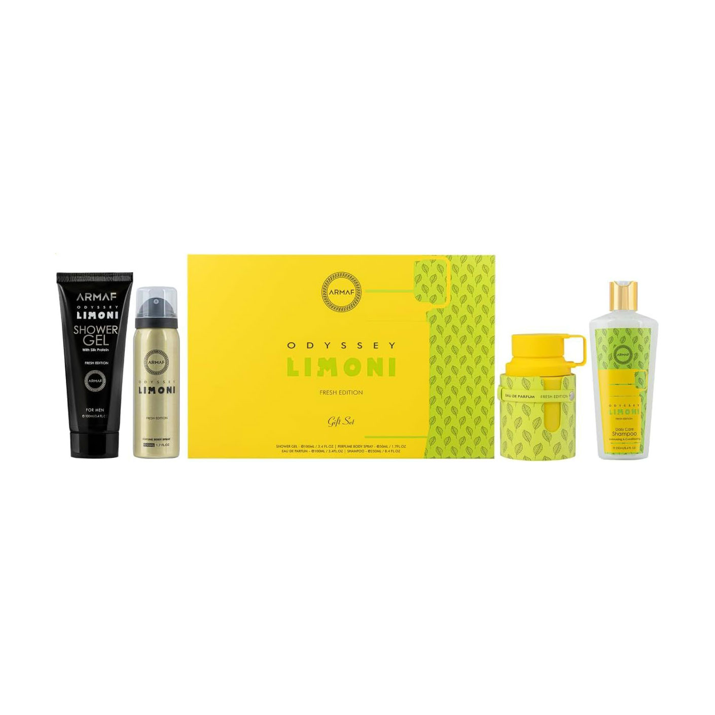 

Парфумований набір чоловічий Armaf Odyssey Limoni Fresh Edition (парфумована вода, 100 мл + спрей, 50 мл + гель, 100 мл + шампунь, 250 мл)