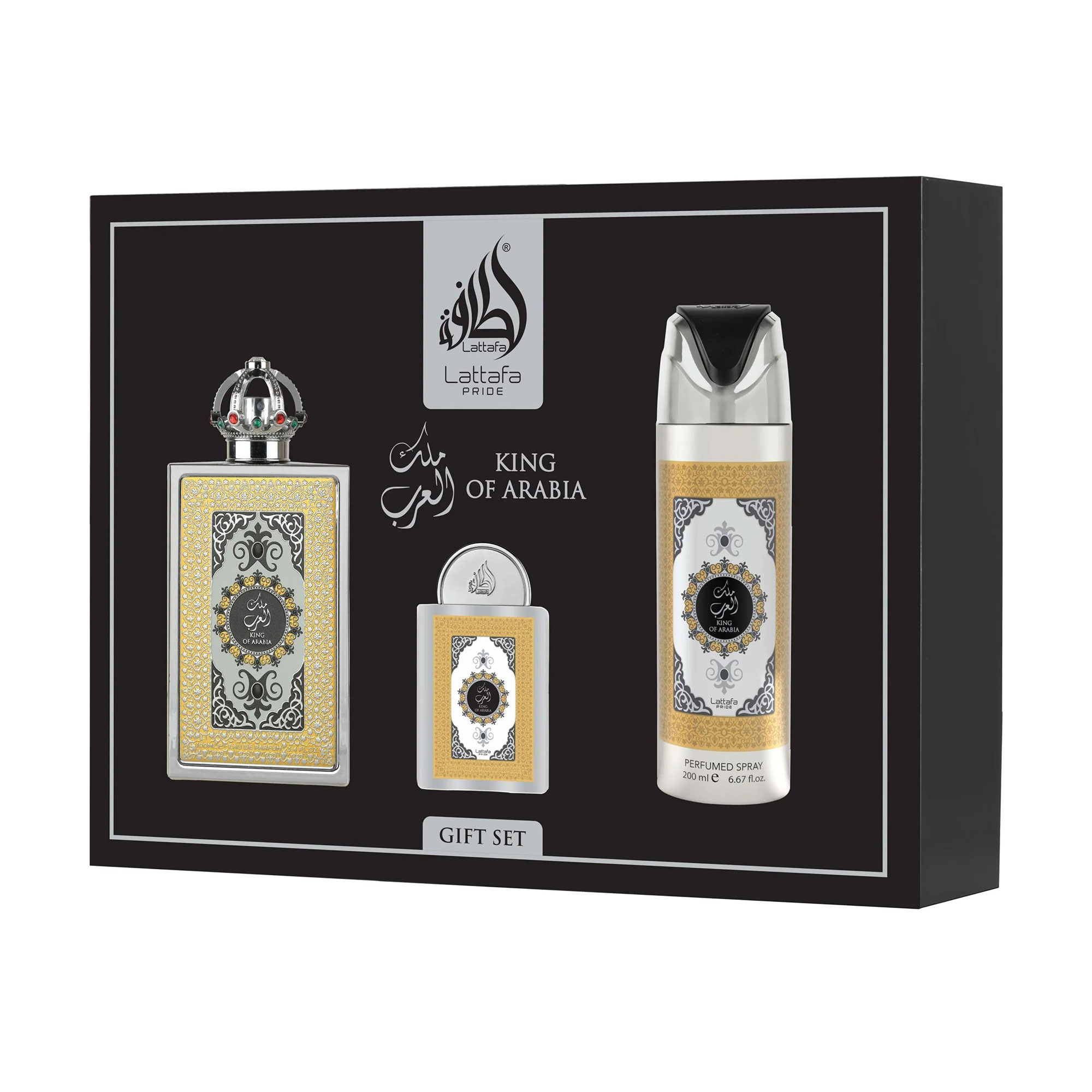 

Парфумований набір чоловічий Lattafa Perfumes Pride King Of Arabia (парфумована вода, 100 мл + парфумована вода, 20 мл + дезодорант, 200 мл)