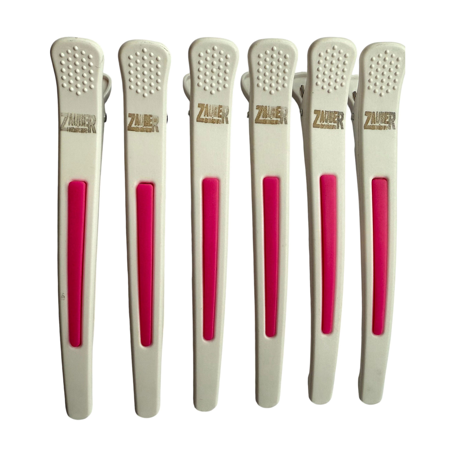 

Перукарський затискач для волосся Zauber-manicure пластиковий, білий з малиновим, 6 шт (06-097B-6)