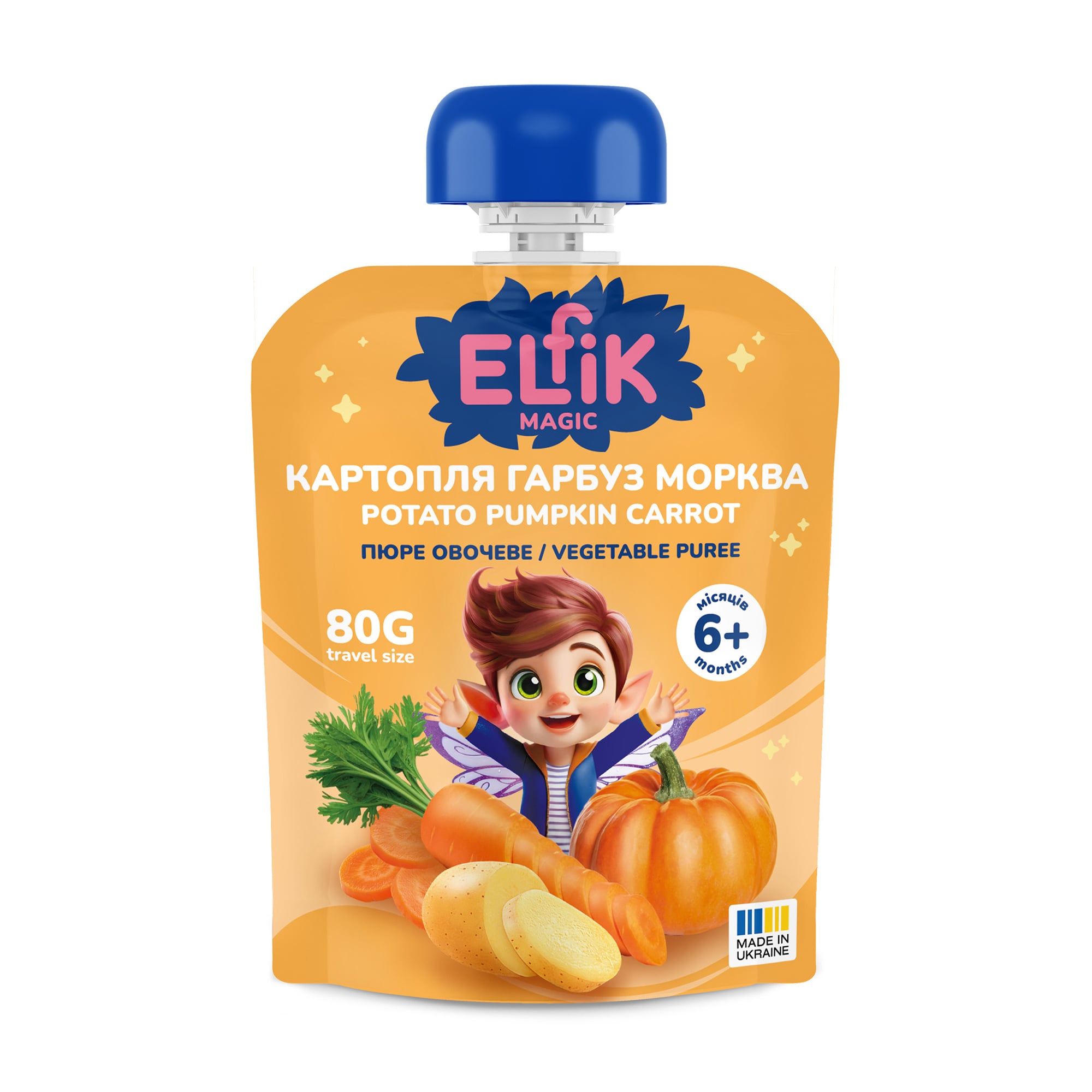 

Дитяче овочеве пюре Elfik Magic Картопля, гарбуз та морква, від 6 місяців, 80 г