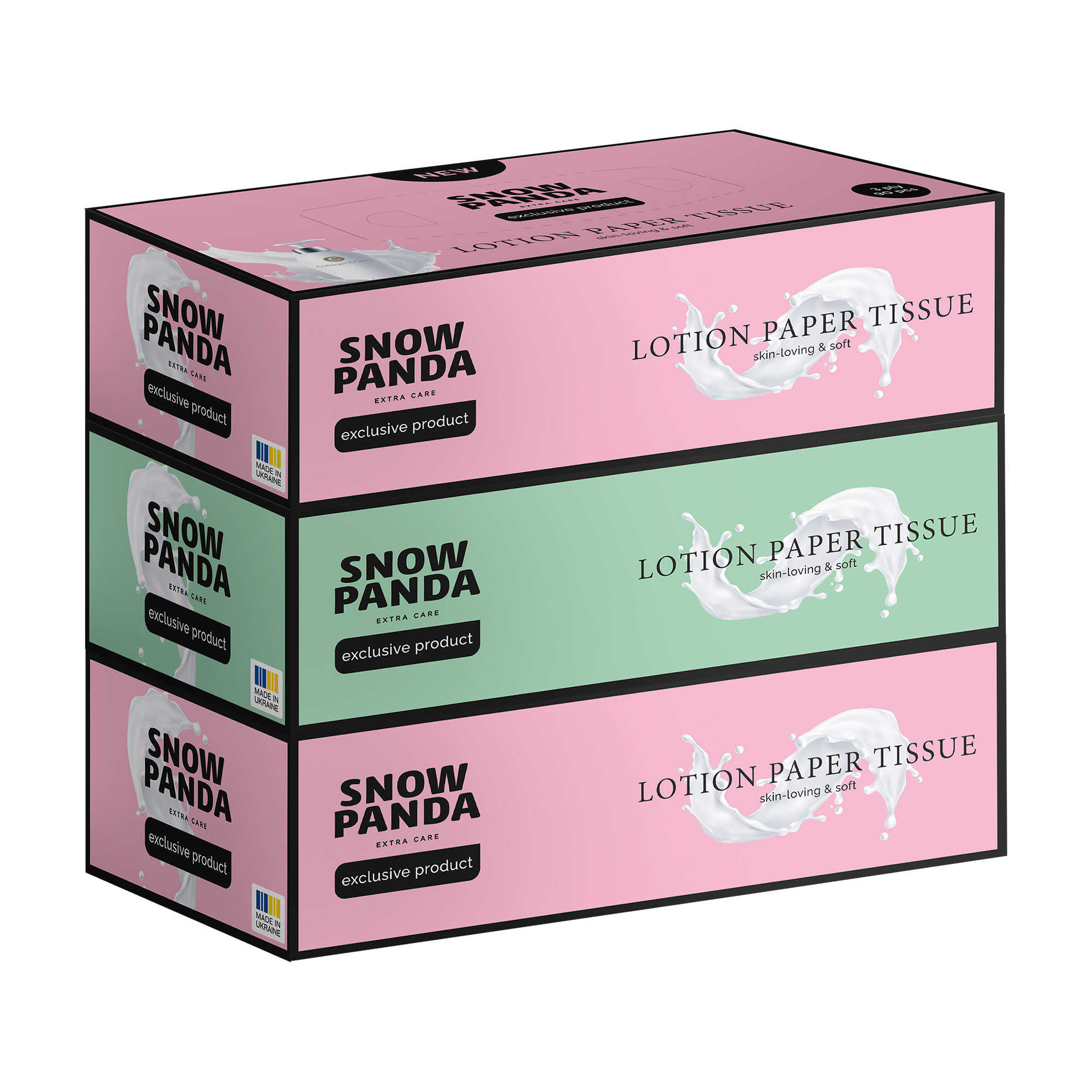 

Серветки паперові Сніжна Панда Extra Care Lotion з лосьйоном, 3-шарові, 3*90 шт