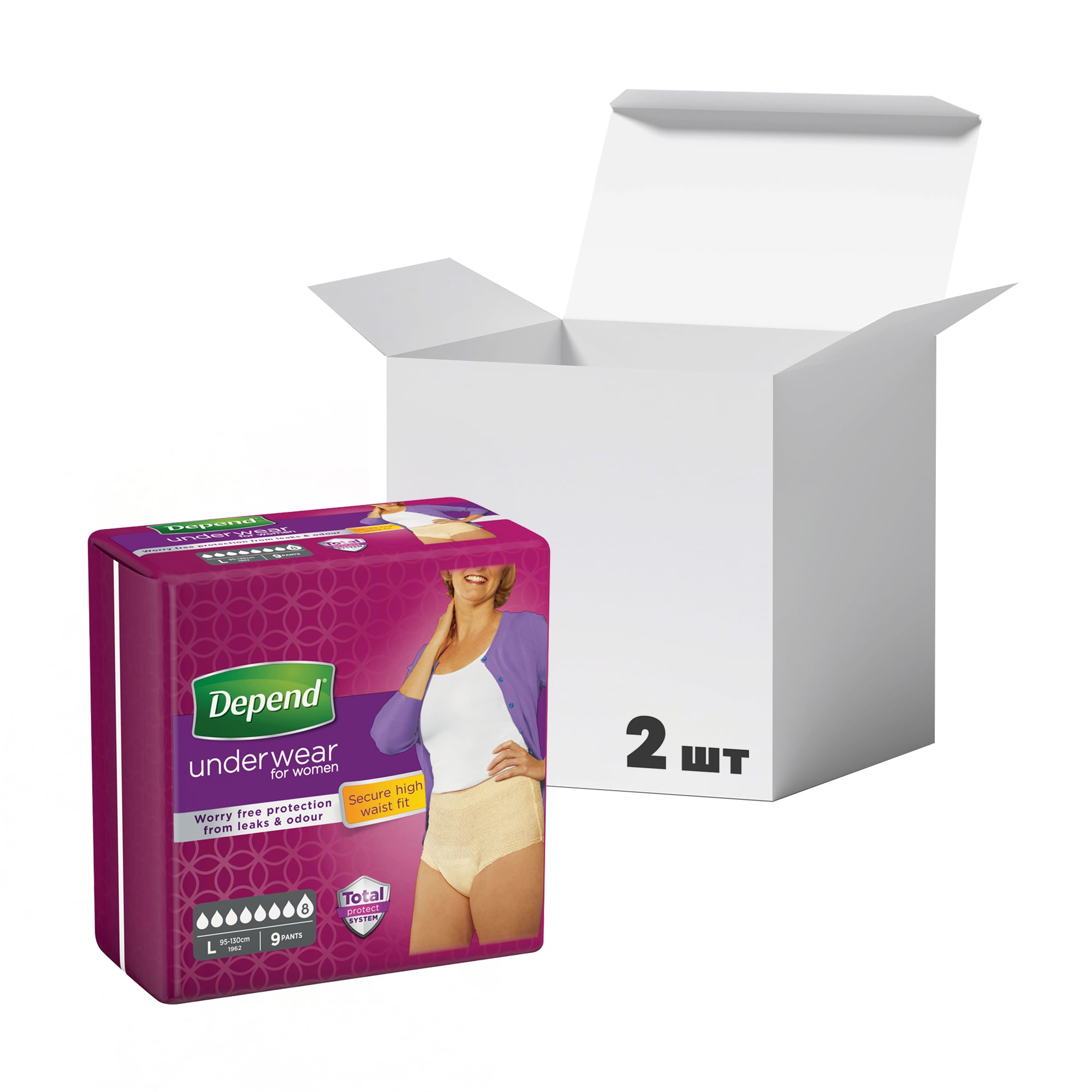 

Упаковка вбиральної спідньої білизни Depend для жінок, розмір L (95-130 см), 9 шт * 2 шт