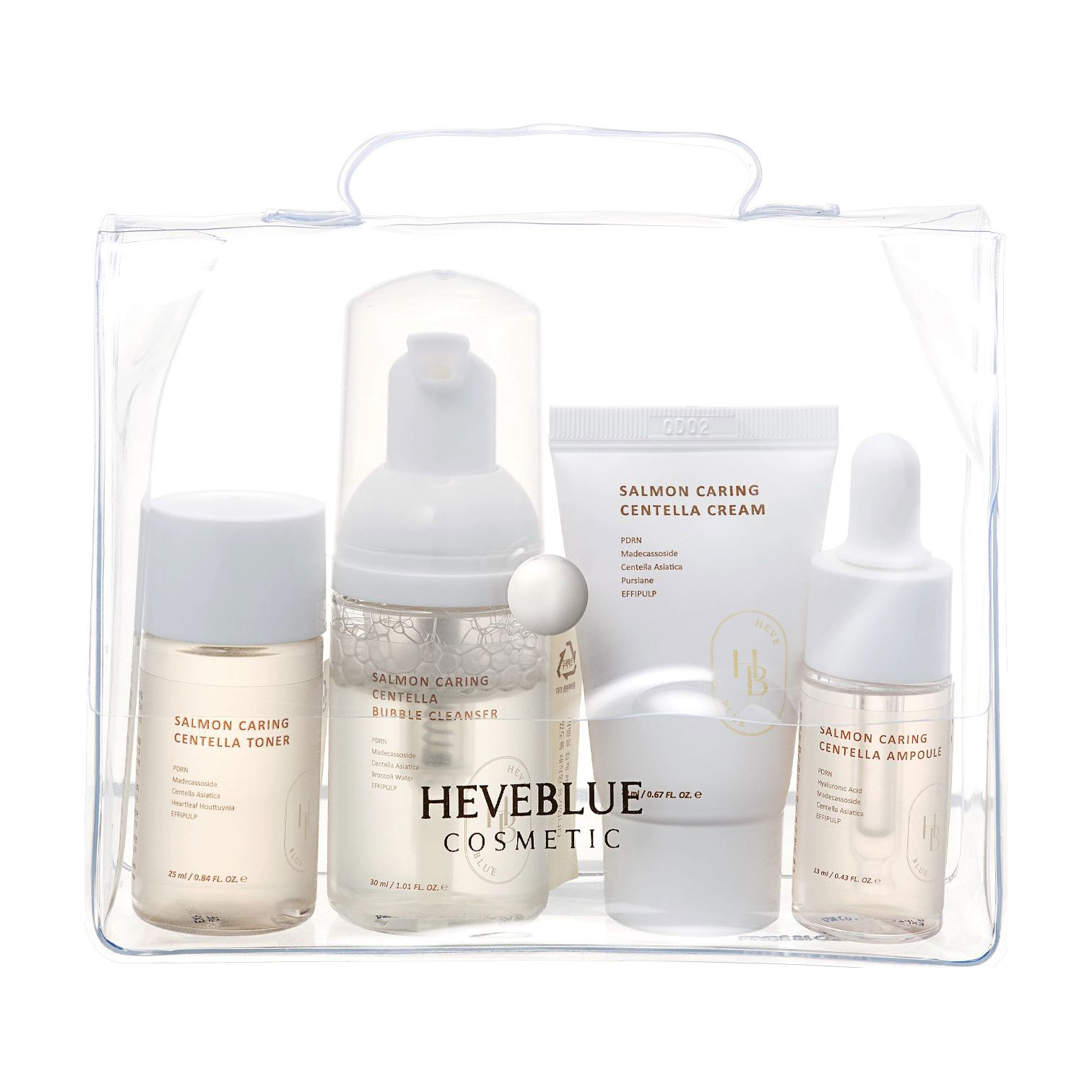 

Набір для обличчя HEVEBLUE Salmon Caring Centella Special Travel Kit Bag (пінка, 30 мл + тонер, 25 мл + крем, 20 мл + сироватка, 13 мл + косметичка)
