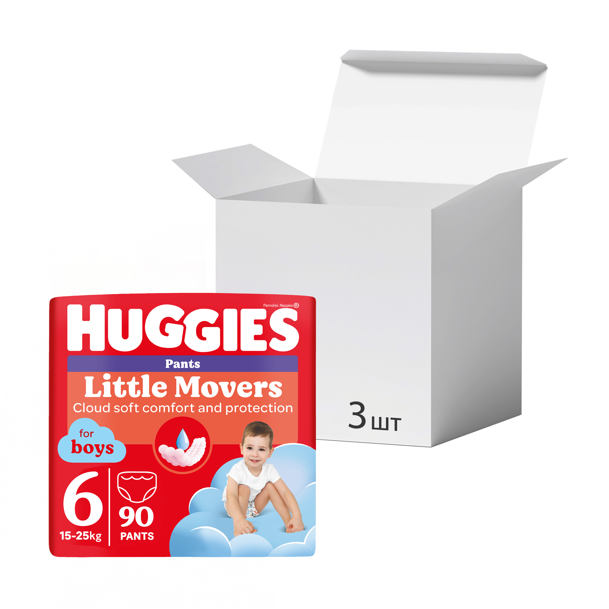 

Упаковка підгузків-трусиків Huggies Little Movers Pants для хлопчиків, розмір 6 (15-25 кг), 30 шт * 3 шт