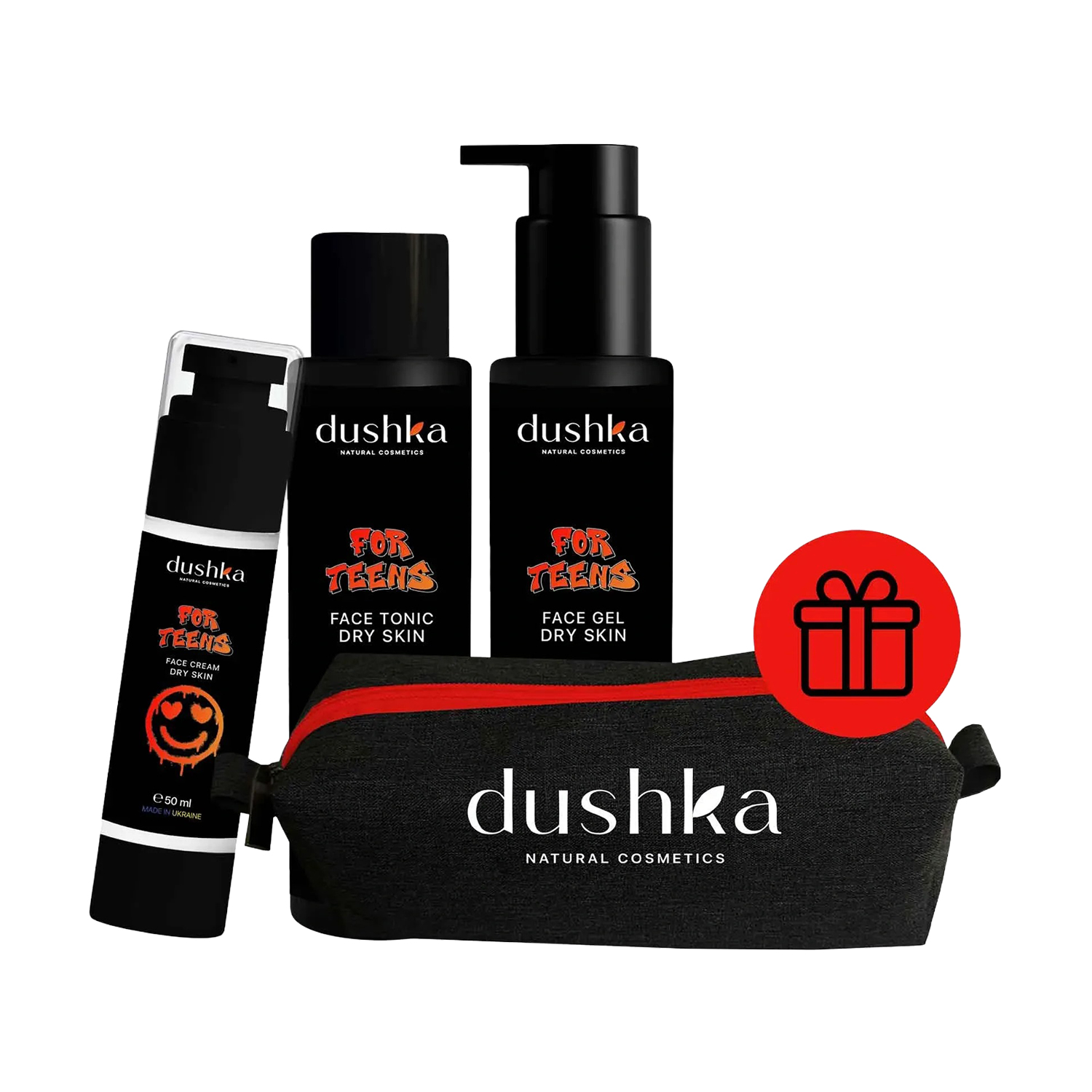 

Підлітковий набір для обличчя Dushka для сухої шкіри (гель для вмивання, 100 мл + тонік, 100 мл + крем, 50 мл + косметичка, 1 шт)
