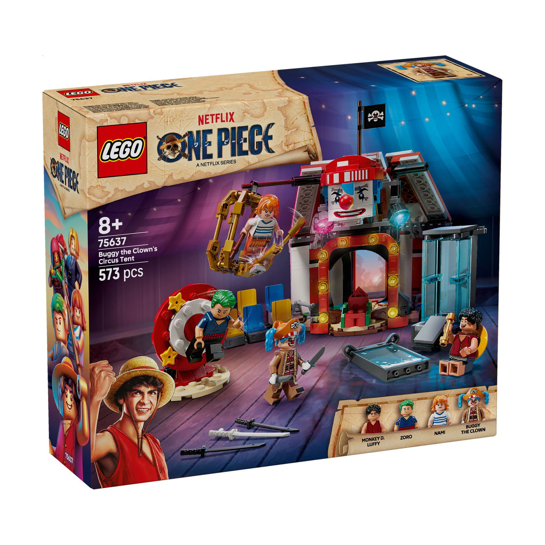 

Конструктор LEGO One Piece Цирковий намет клоуна Баґґі, 573 деталей, від 8 років (75637)