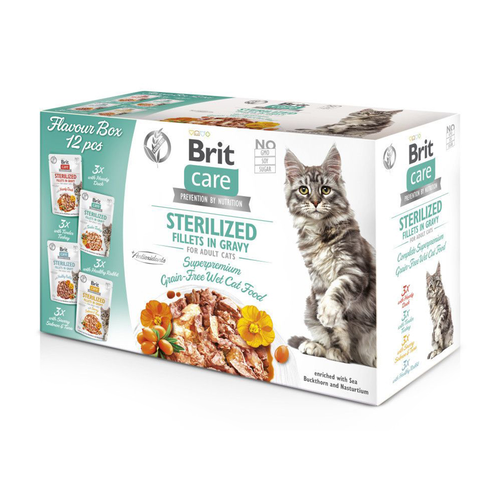 

Вологий корм для стерилізованих котів Brit Care Sterilized Fillets in Gravy Філе в соусі, набір смаків, 12*85 г